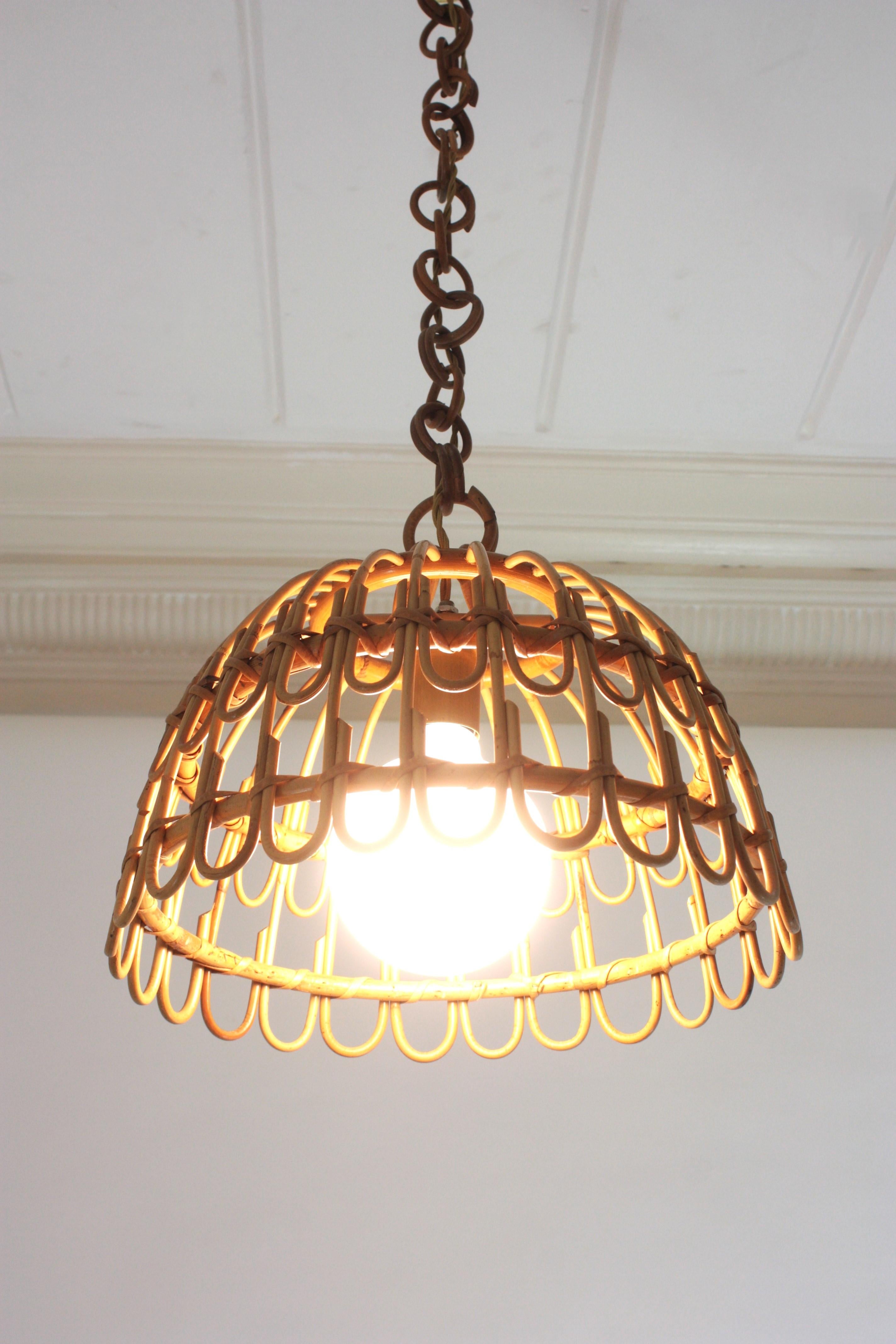 20th Century Pair of Rattan Bell Pendants / Hanging Lights, Spain 1960s For Sale