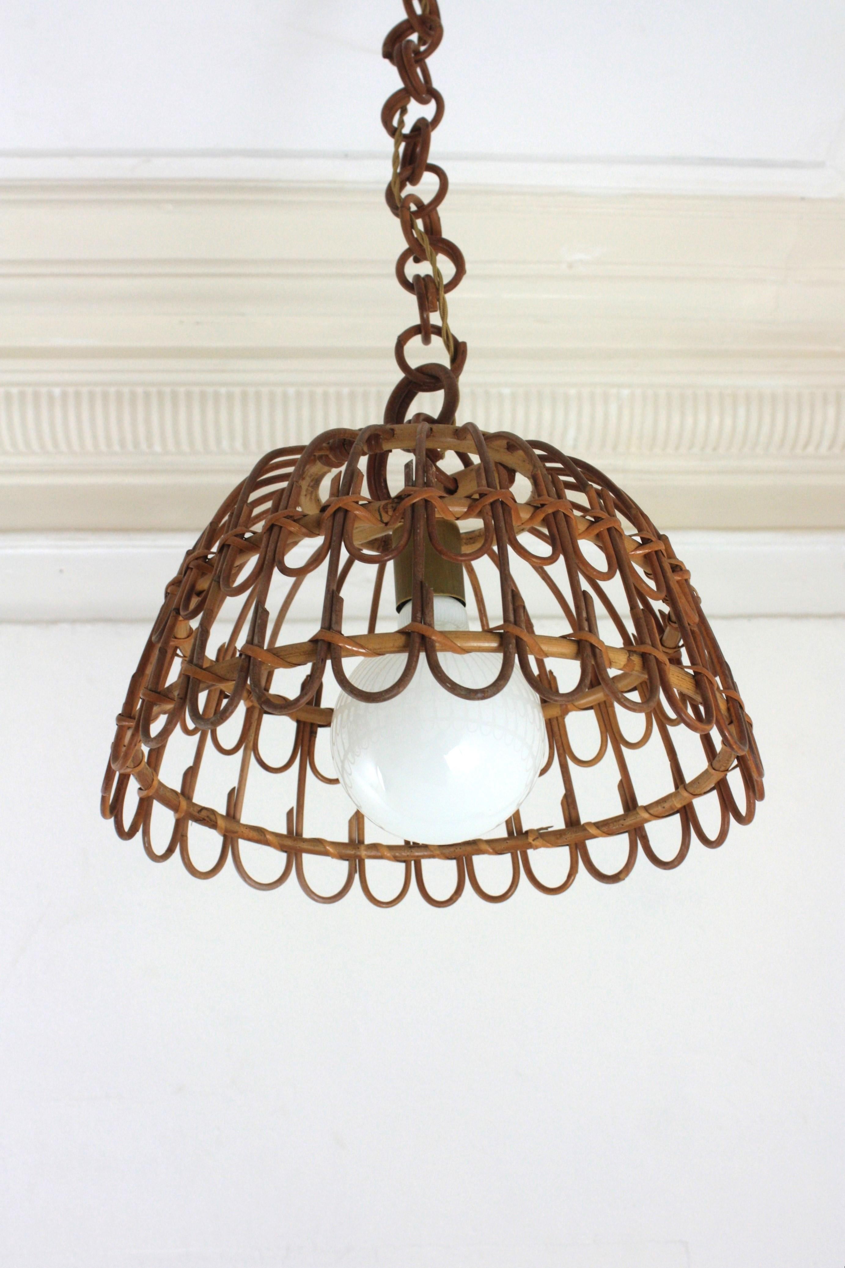 Wicker Pair of Rattan Bell Pendants / Hanging Lights, Spain 1960s For Sale