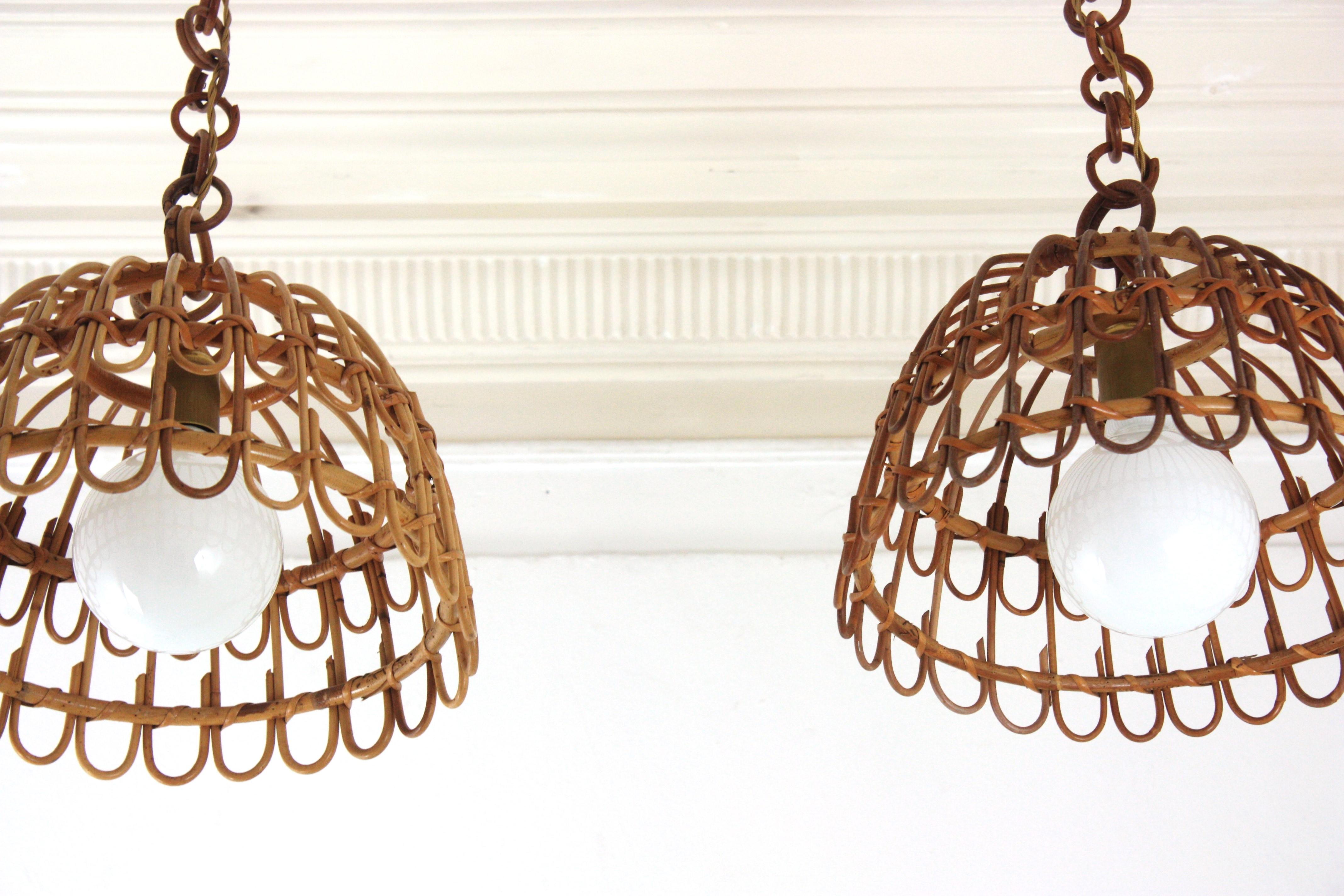 Pair of Rattan Bell Pendants / Hanging Lights, Spain 1960s For Sale 1