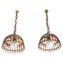 Pair of Rattan Bell Pendants / Hanging Lights, Spain 1960s