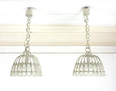 Pair of Rattan Bell Pendants Lights / Hanging Lamps in White Patina, 1960