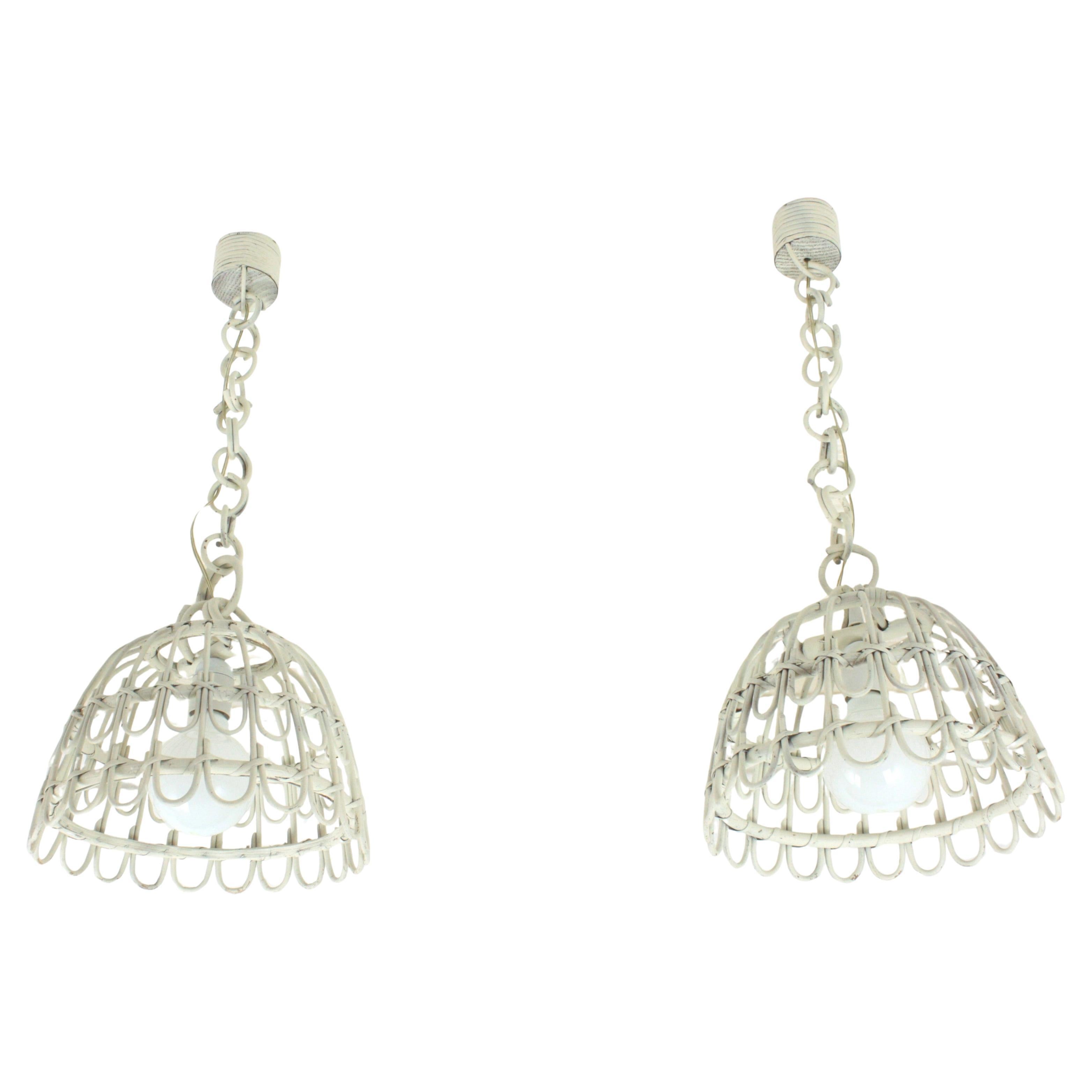 Pair of Rattan Bell Pendants Lights / Hanging Lamps in White Patina, 1960
