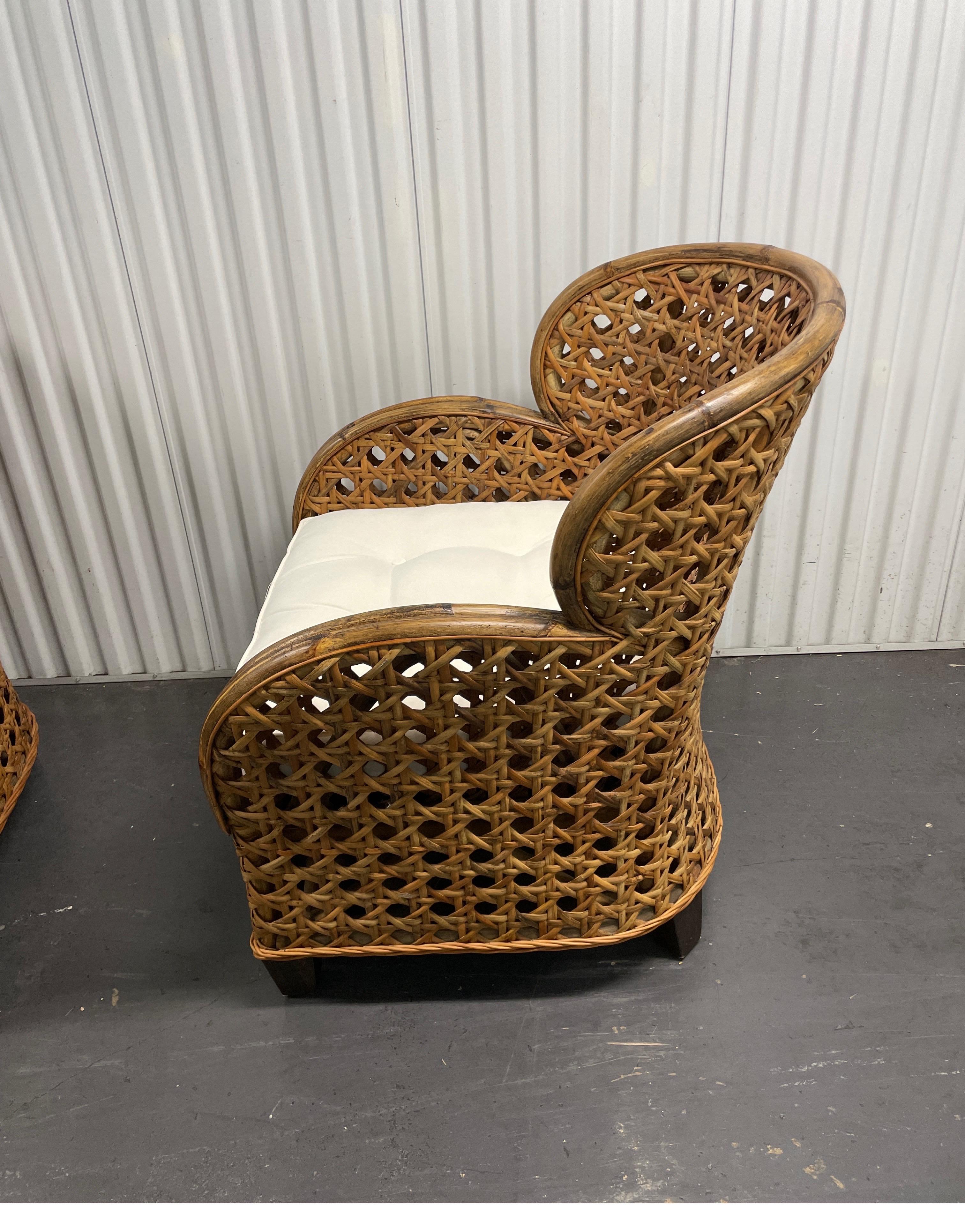 Pair of Rattan & Cane Club Chairs In Good Condition In West Palm Beach, FL