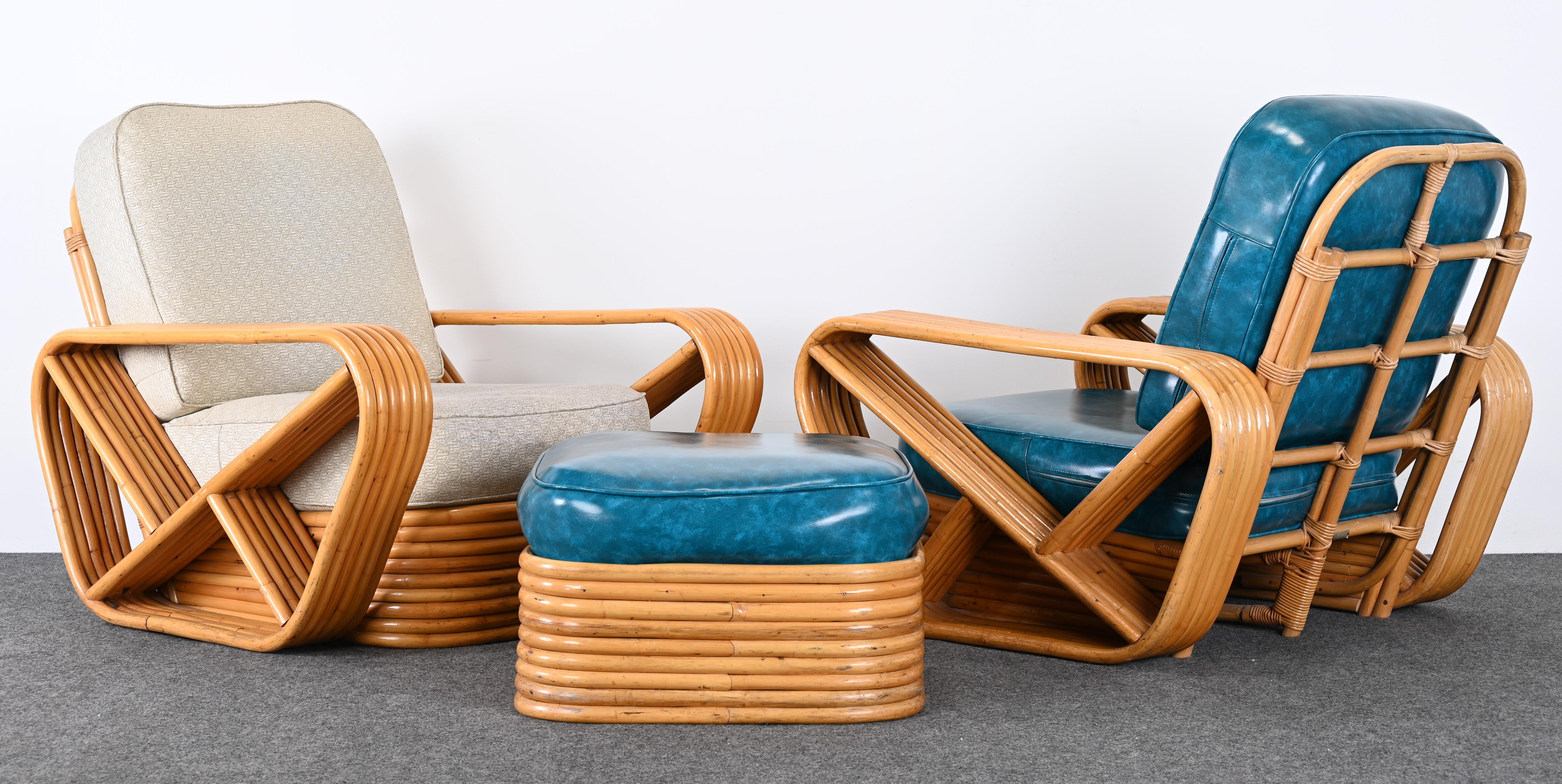 An Organic Modern rattan set containing a pair of armchairs and an ottoman. This set would make a strong focal point in any room. This pair of armchairs and ottoman would look great in a Mid-Century Modern, Transitional, or Traditional interior.
