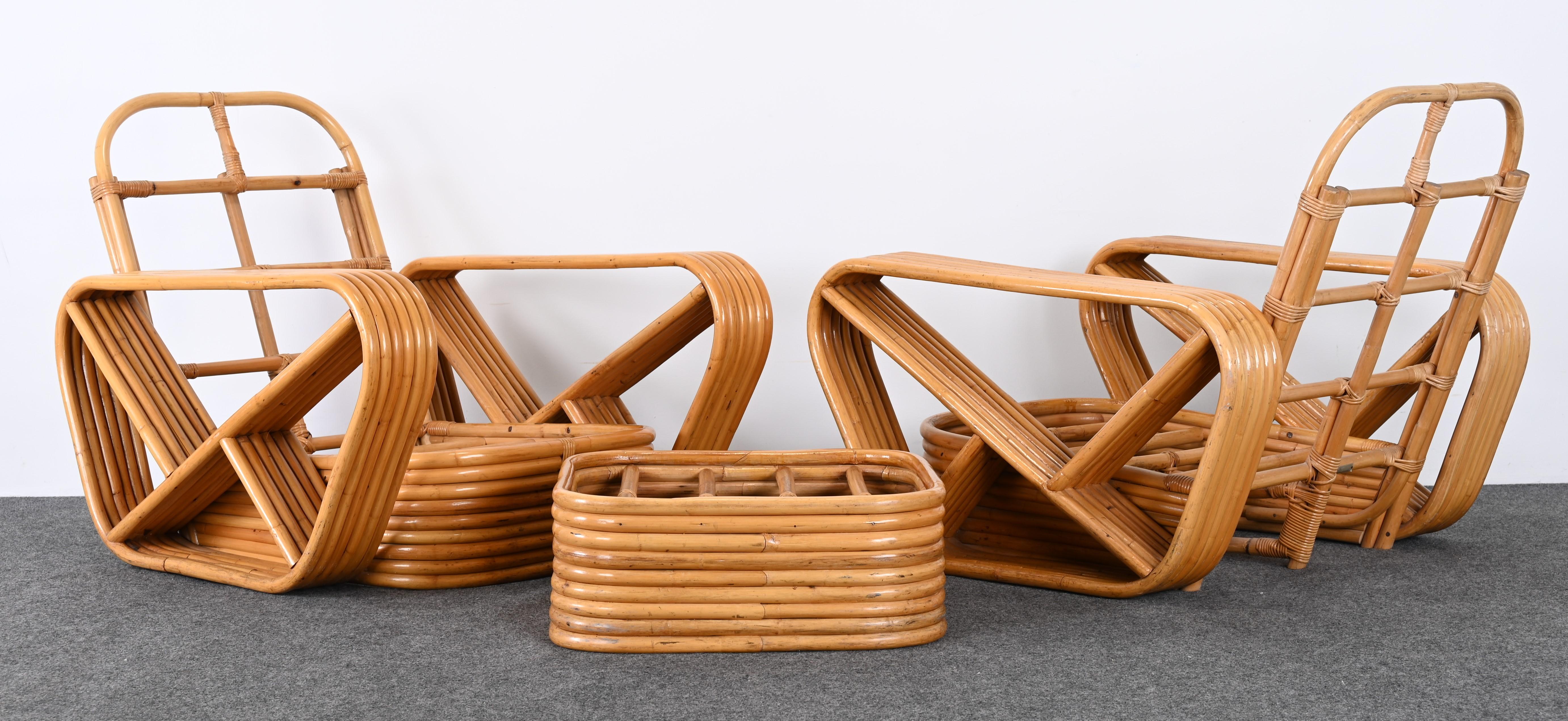 Mid-Century Modern Pair of Rattan Chairs and Ottoman in the Manner of Paul Frankl, 1940s