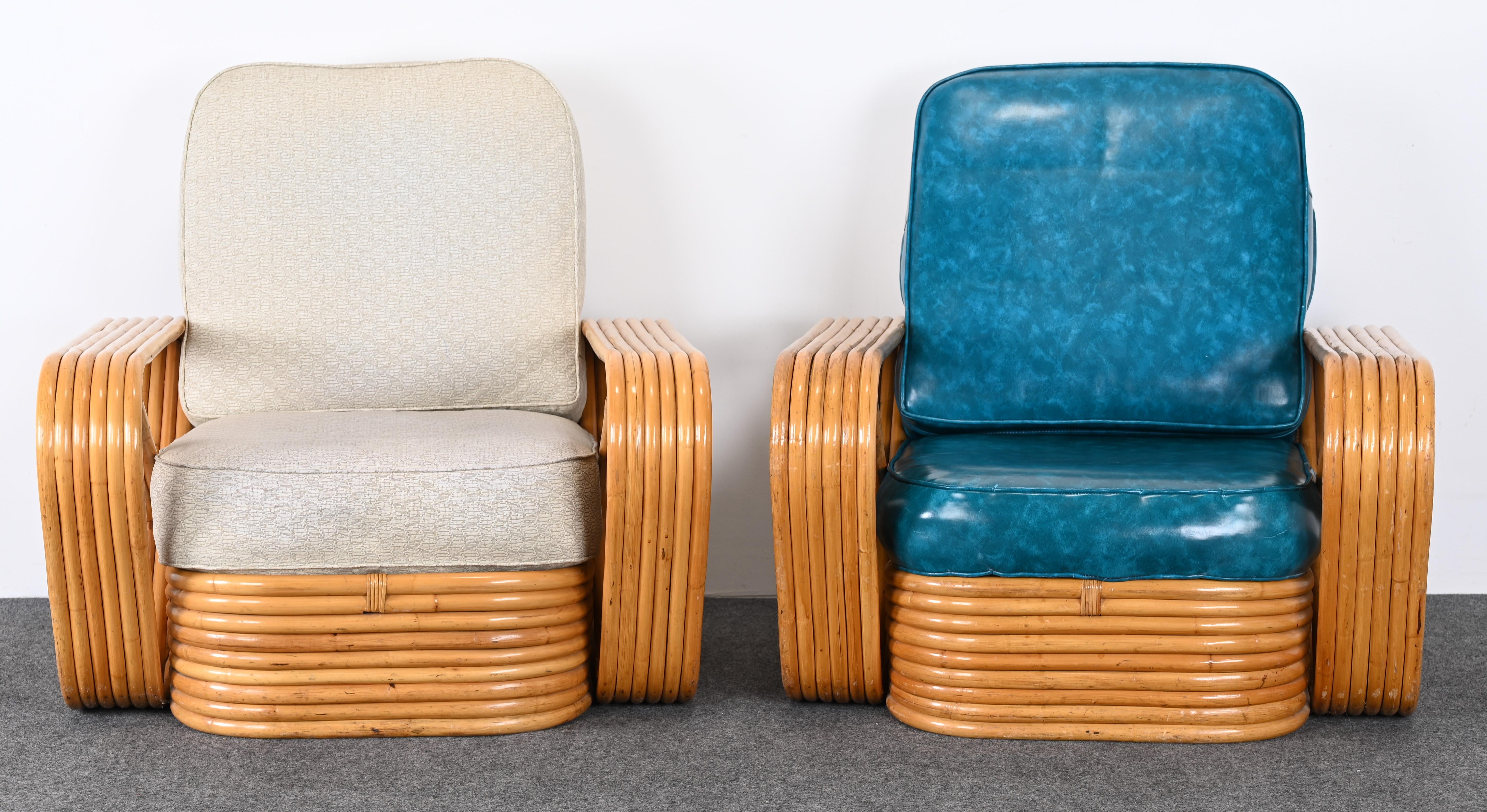 American Pair of Rattan Chairs and Ottoman in the Manner of Paul Frankl, 1940s