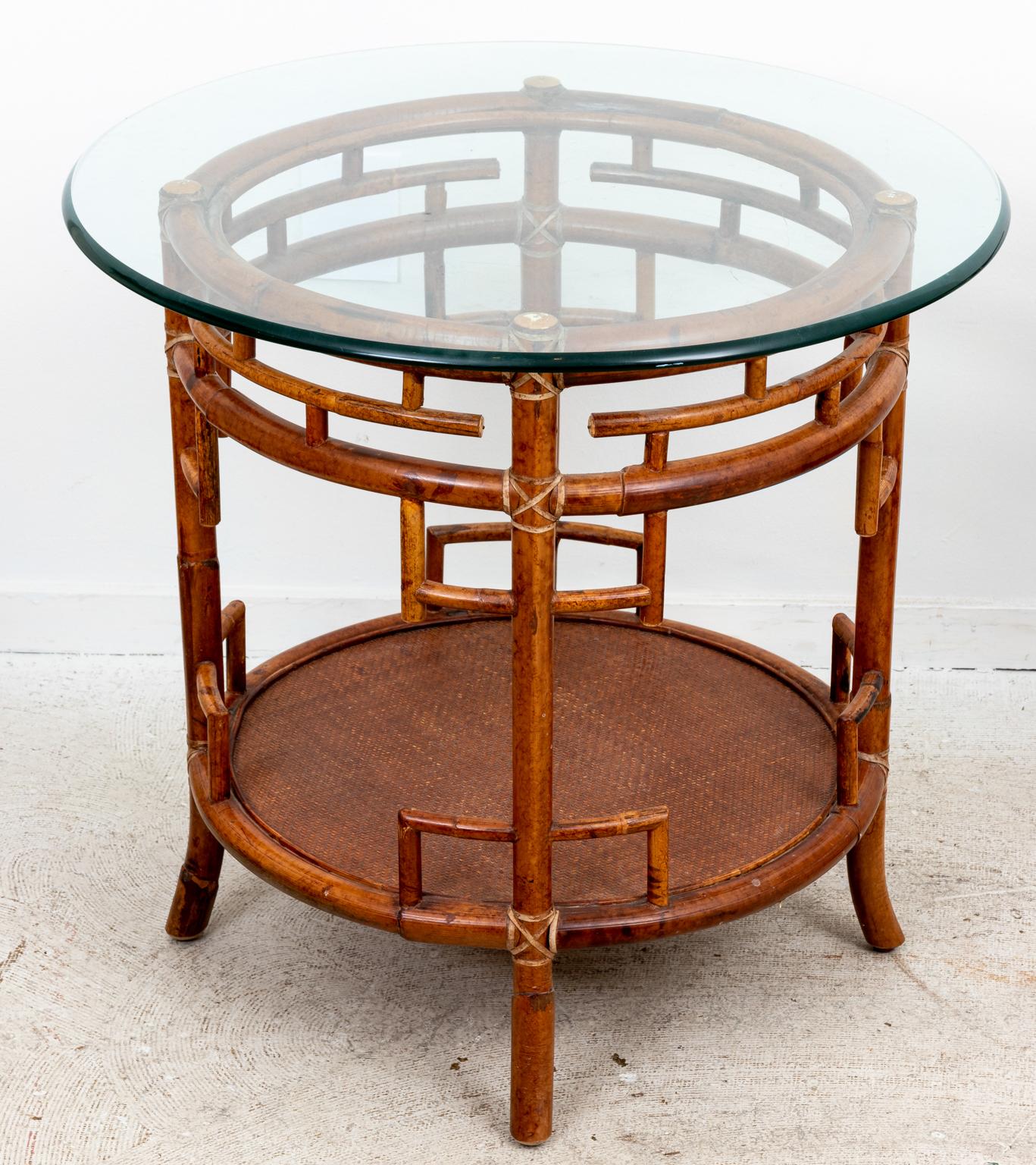 Pair of Rattan Chippendale Style Round Tables with Glass Tops 8