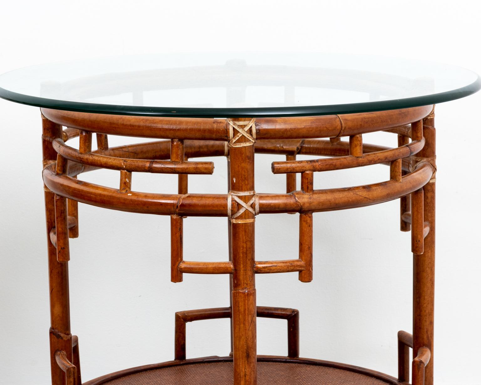 Pair of Rattan Chippendale Style Round Tables with Glass Tops 1