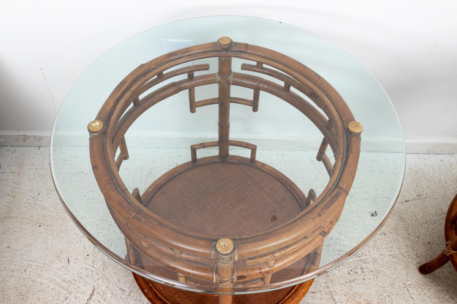 Pair of Rattan Chippendale Style Round Tables with Glass Tops 5
