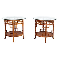 Pair of Rattan Chippendale Style Round Tables with Glass Tops
