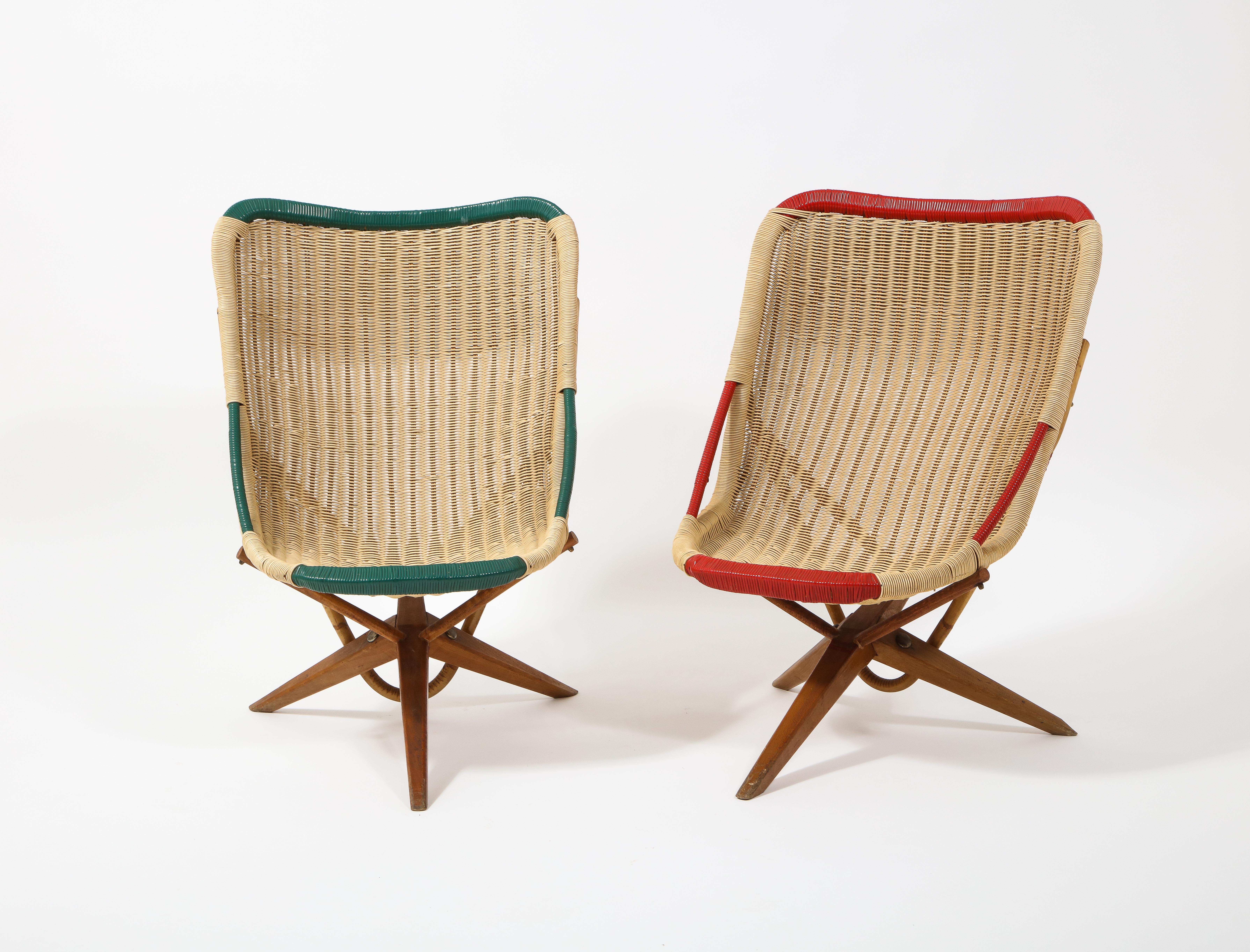 Mid-Century Modern Paire de chaises en rotin « Chistera », France, années 1950 en vente