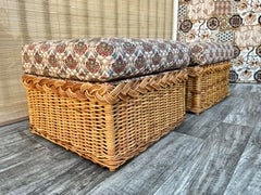 Pair of Rattan Coastal Style Ottomans in the Bielecky Brothers' Manner. C 1970s