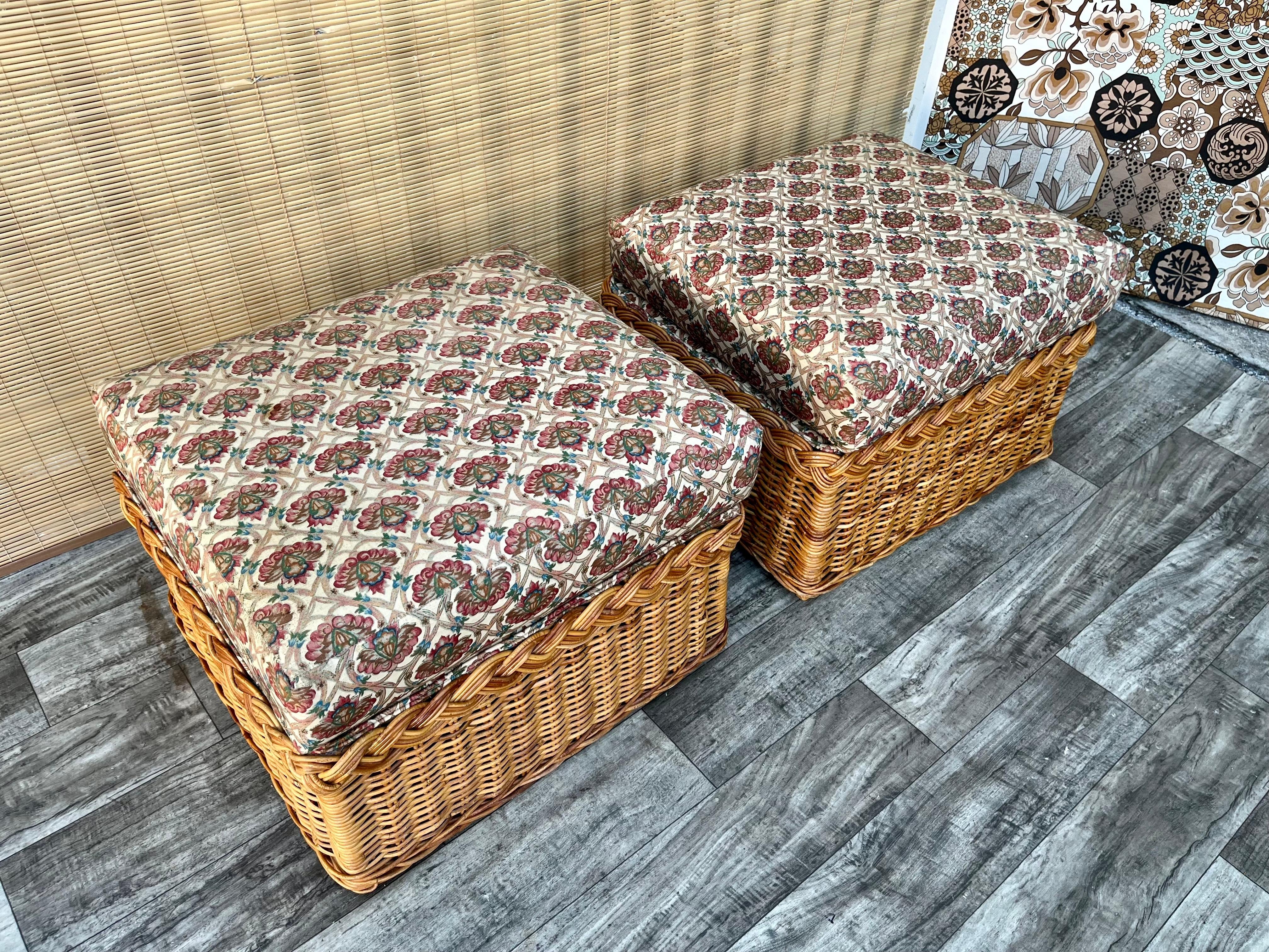 Hong Kong Pair of Rattan Coastal Style Ottomans in the Bielecky Brothers' Manner. C 1970s