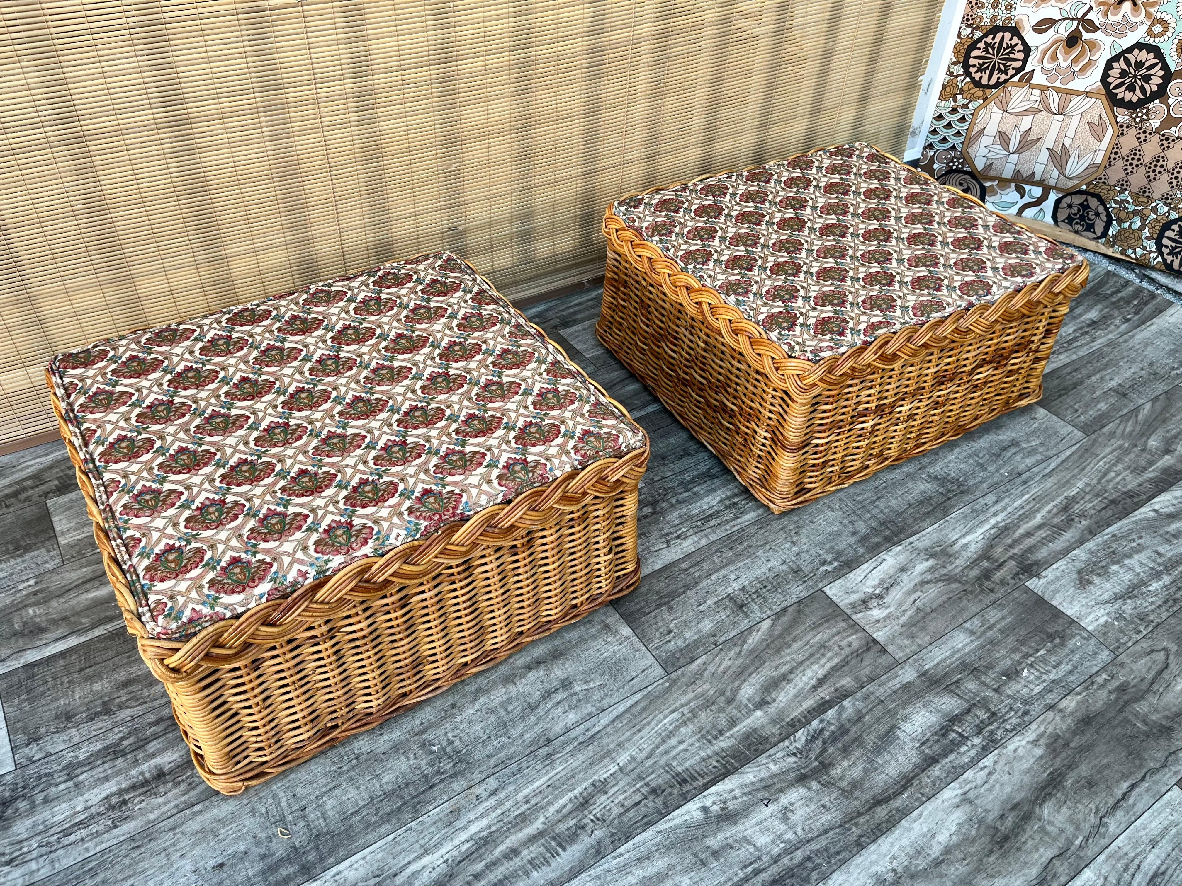 Upholstery Pair of Rattan Coastal Style Ottomans in the Bielecky Brothers' Manner. C 1970s