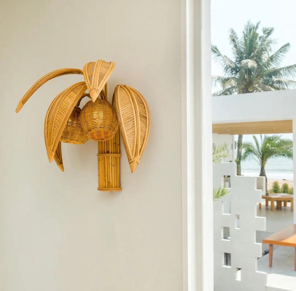 Mid-Century Modern Pair of rattan « coconut tree/ palm tree » sconces