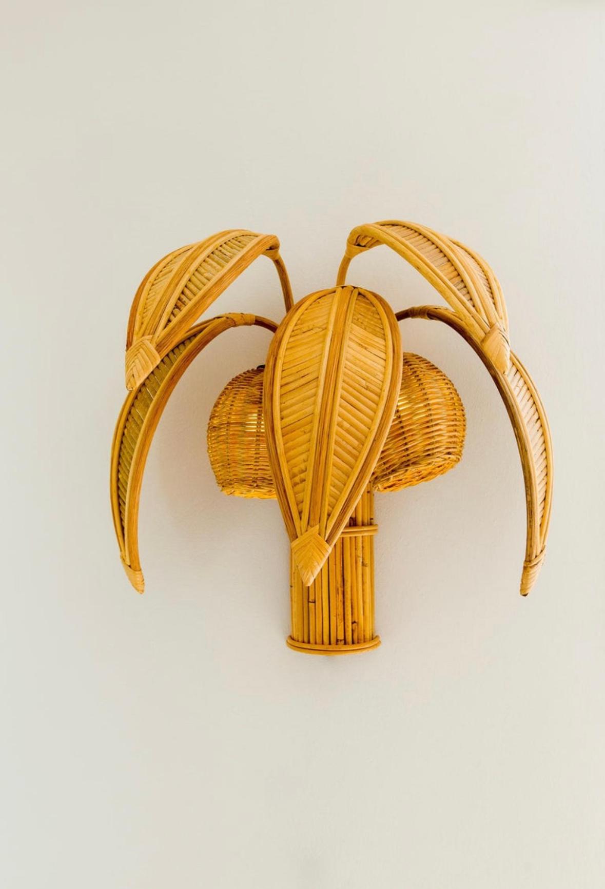 French Pair of rattan « coconut tree/ palm tree » sconces