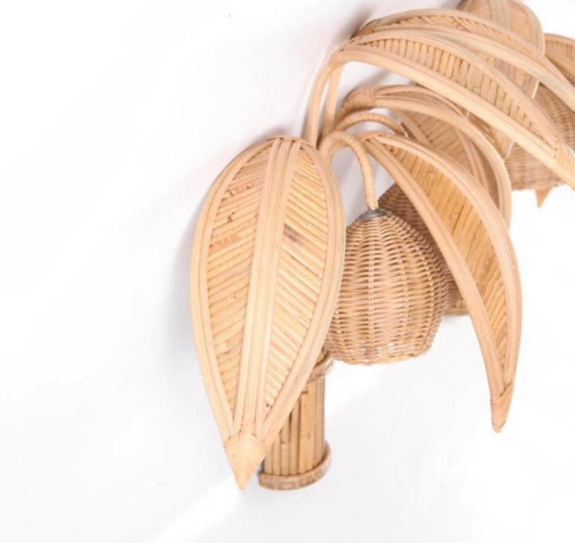 French Pair of rattan « coconut tree/ palm tree » sconces For Sale