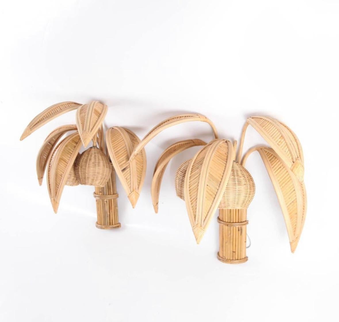 Hand-Woven Pair of rattan « coconut tree/ palm tree » sconces