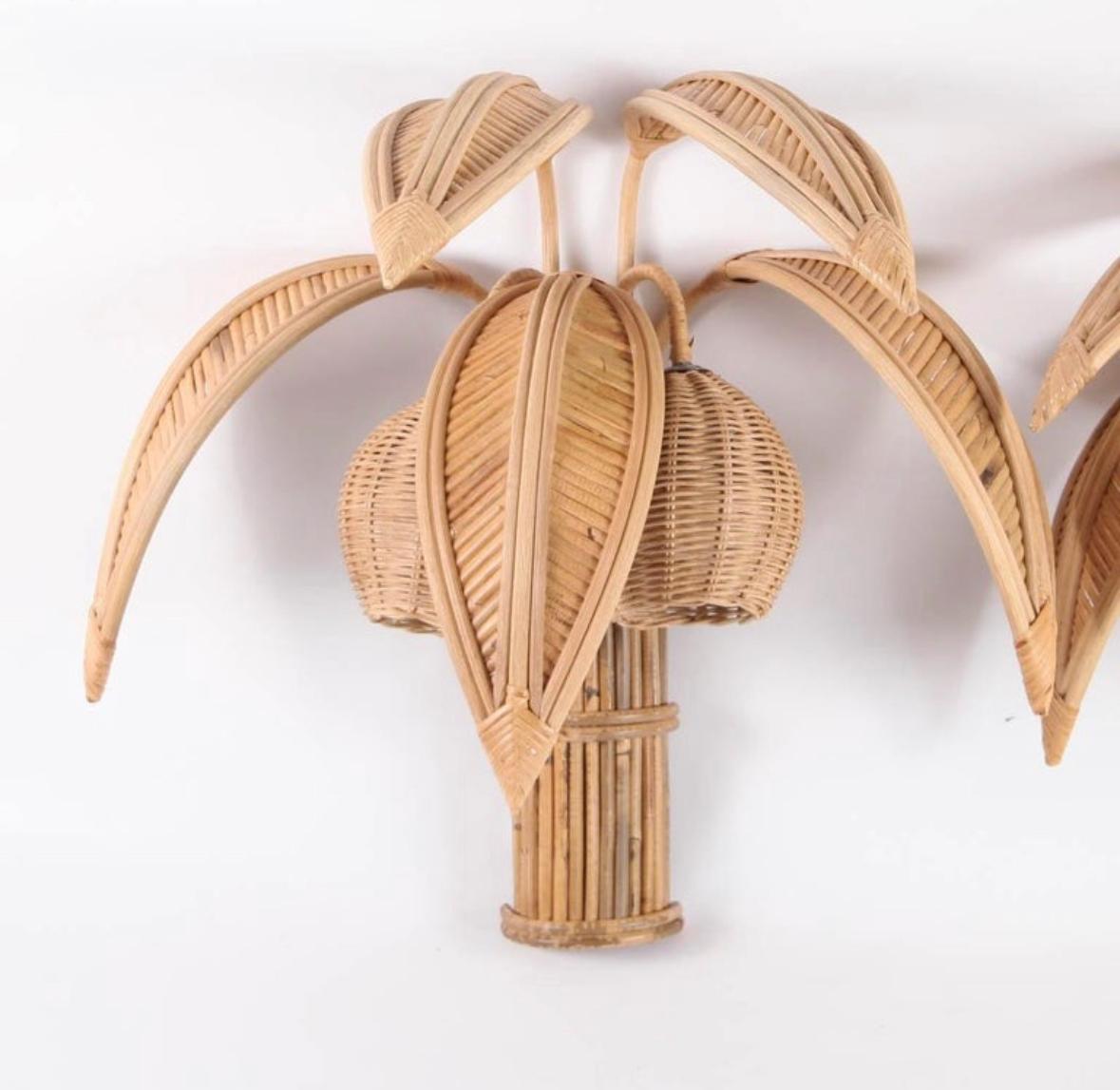 Pair of rattan « coconut tree/ palm tree » sconces In Excellent Condition In Isle Sur Sorgue, FR