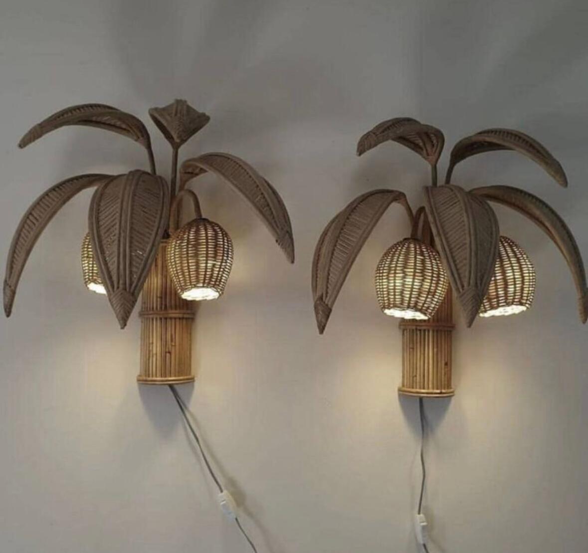 Pair of rattan « coconut tree/ palm tree » sconces 1