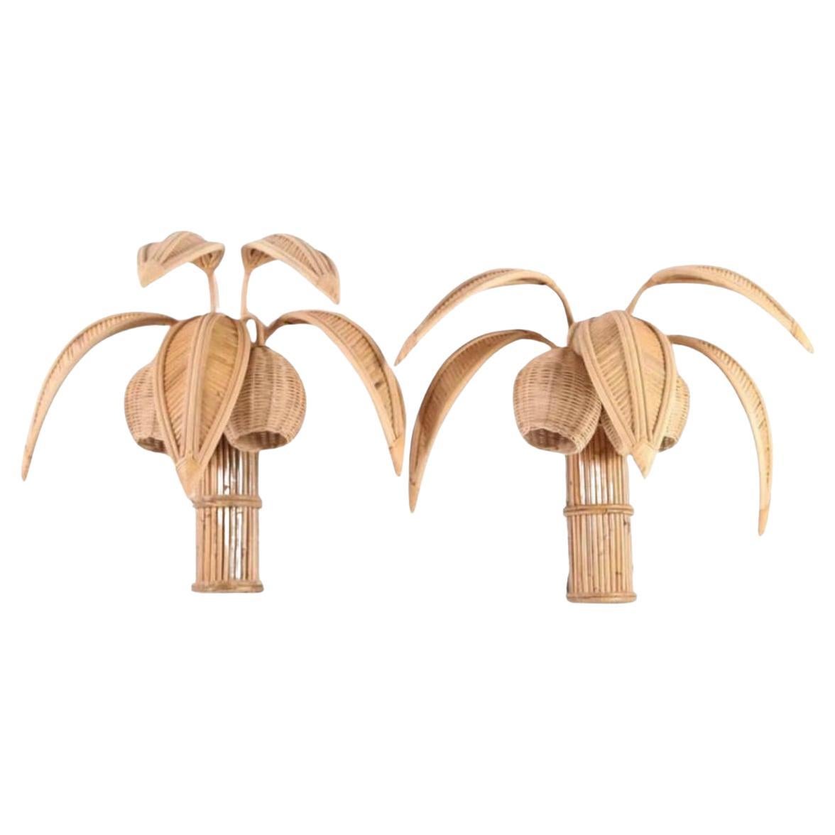 Pair of rattan « coconut tree/ palm tree » sconces