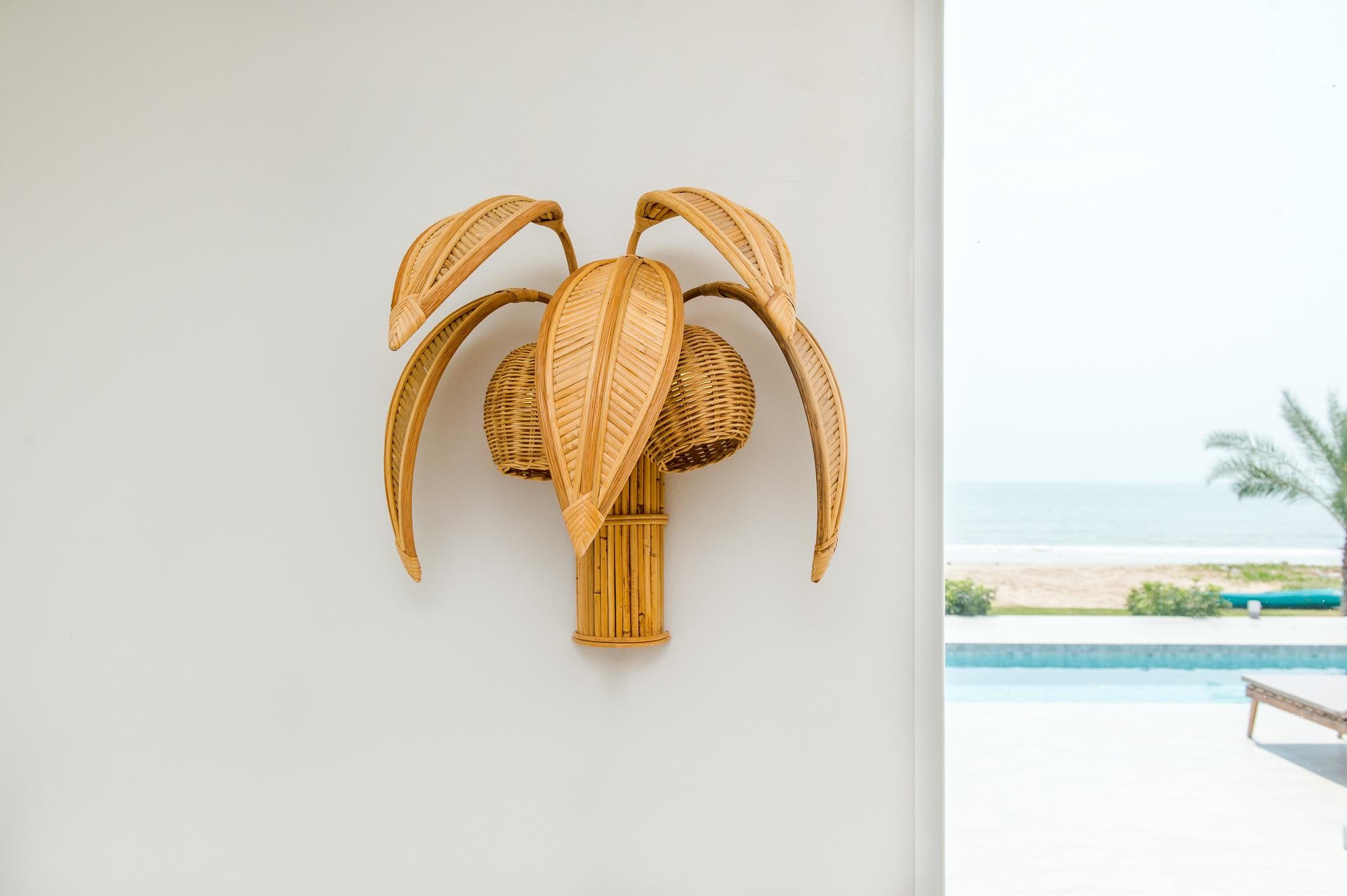 Pair of Rattan Coconut Tree / Palm Tree Wall Lights For Sale at 1stDibs