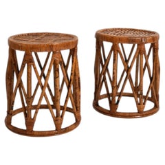 Coppia di sgabelli cilindrici in rattan, anni ’60