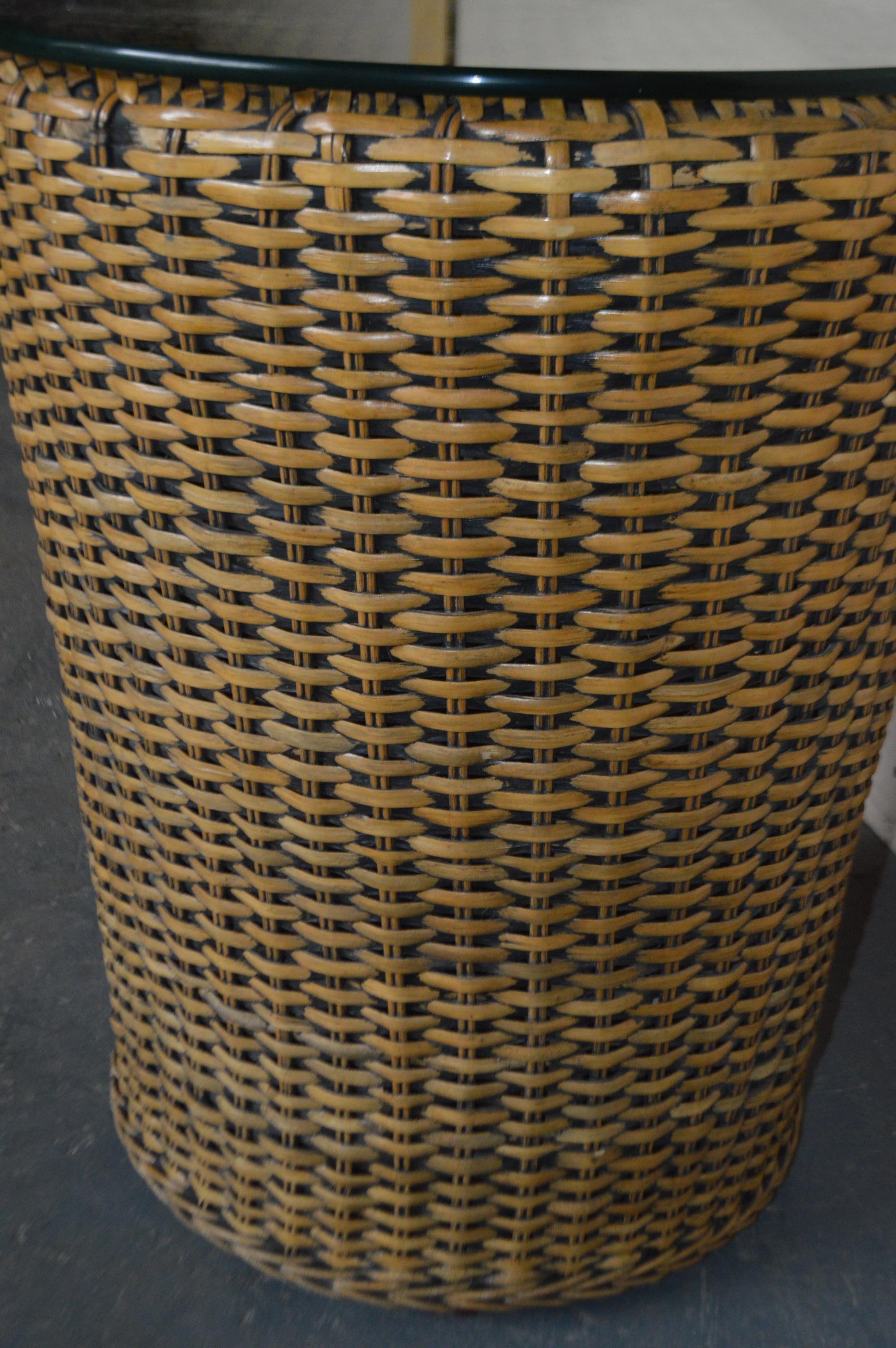 Other Pair of Rattan Drum Style Side Tables with Glass Top For Sale