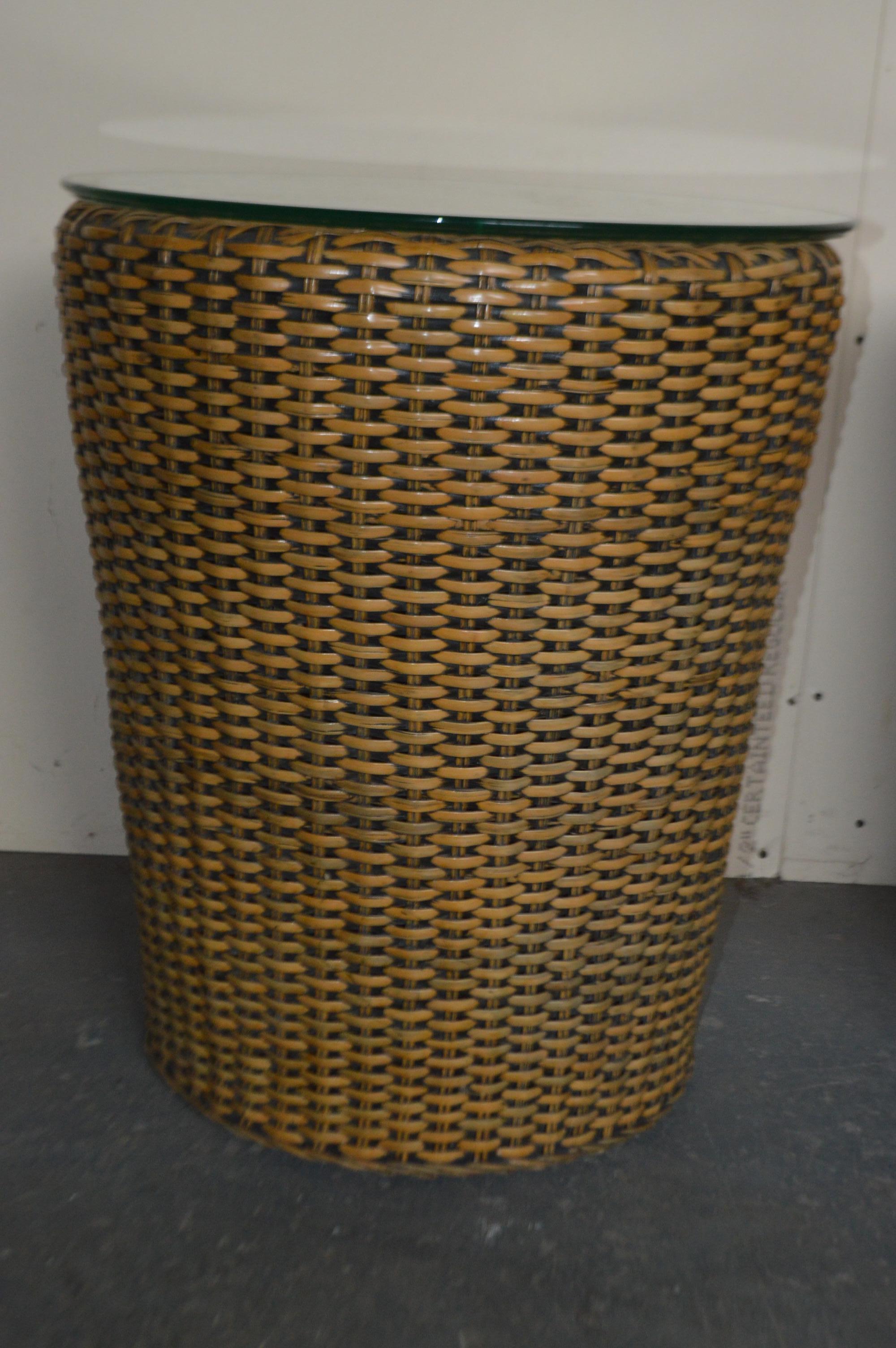 American Pair of Rattan Drum Style Side Tables with Glass Top For Sale