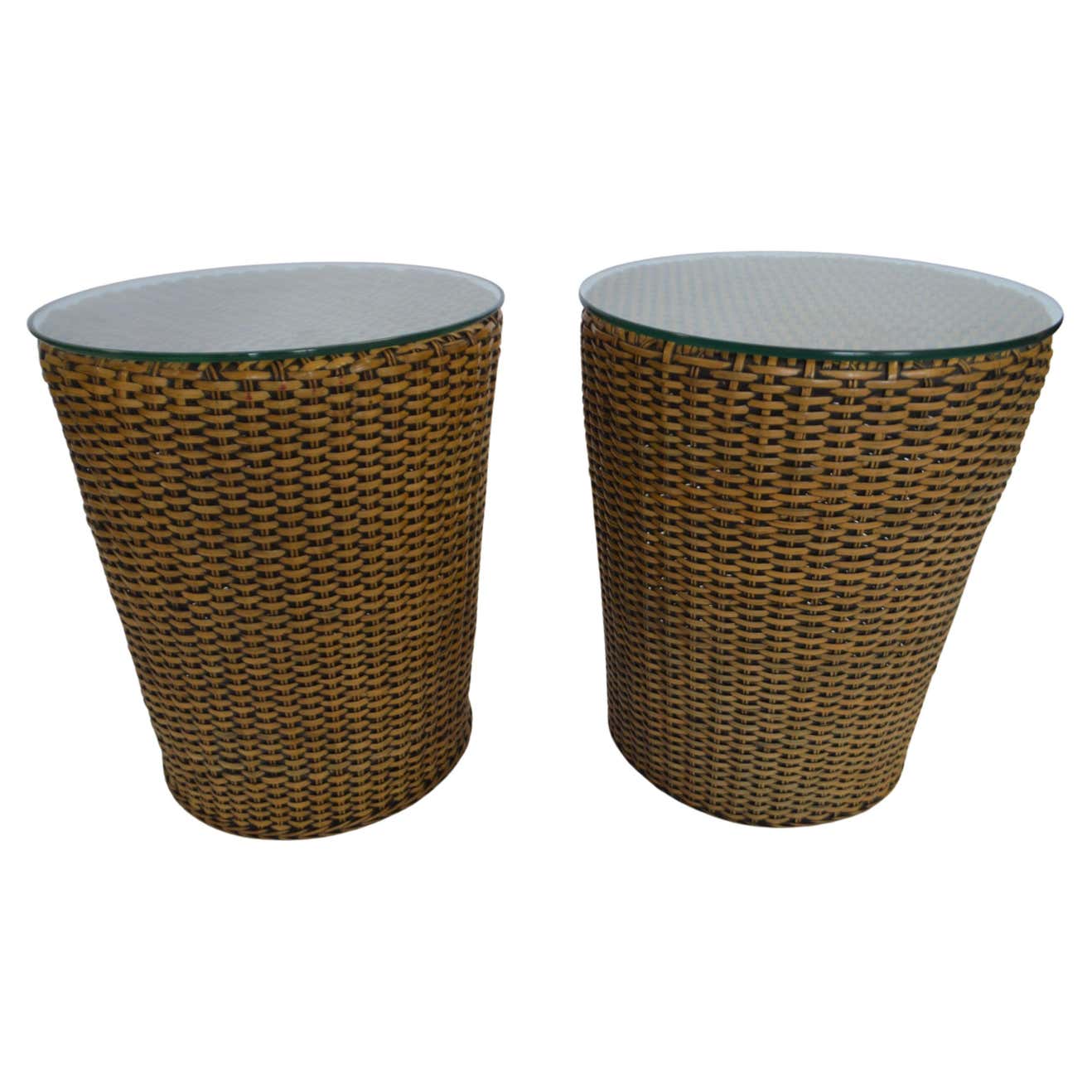 Pair of Rattan Drum Style Side Tables with Glass Top For Sale at 1stDibs