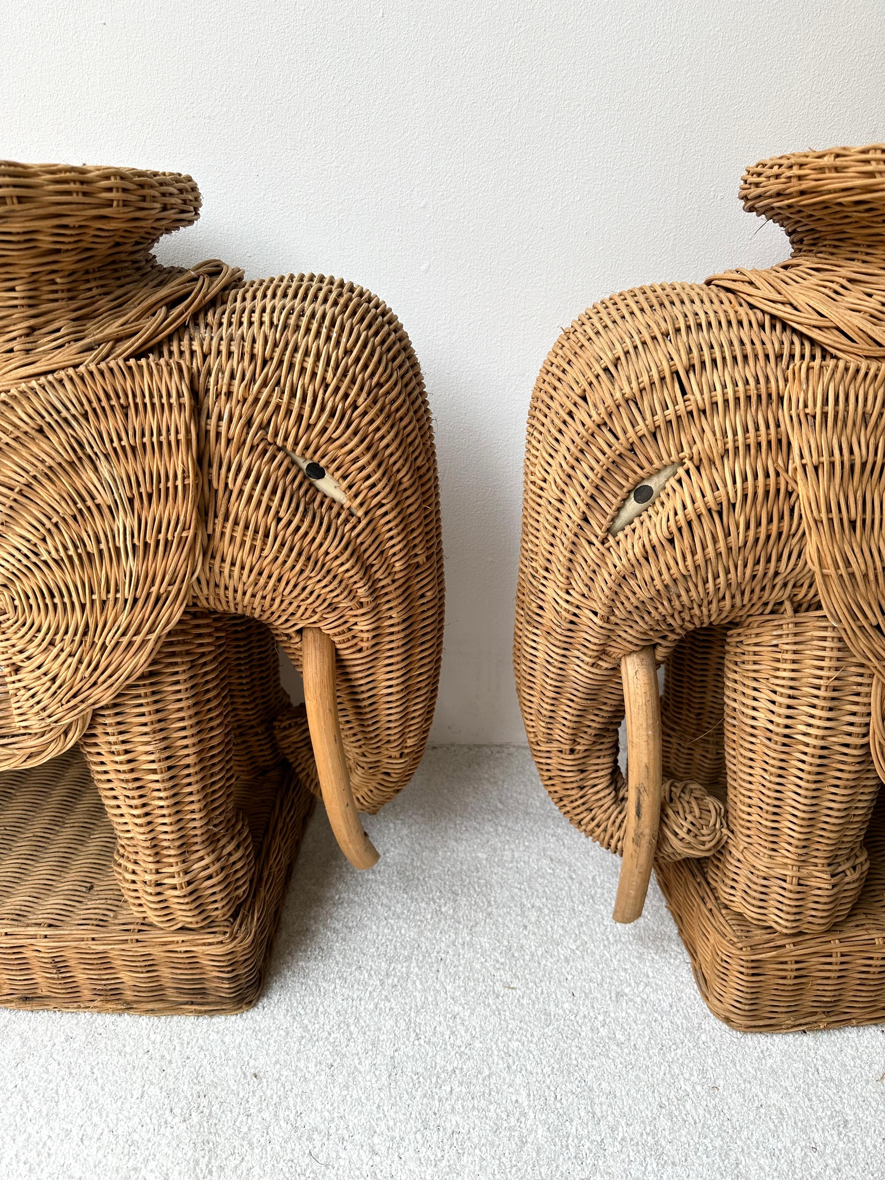 Pair or rattan animal elephant side, end, low, coffee, cocktail tables or nightstands. Artisanal work in the style of Mario Lopez Torres, Galerie Maison & Jardin, Jansen, Dal Vera, Vivai Del Sud palm tree, Hollywood Regency.