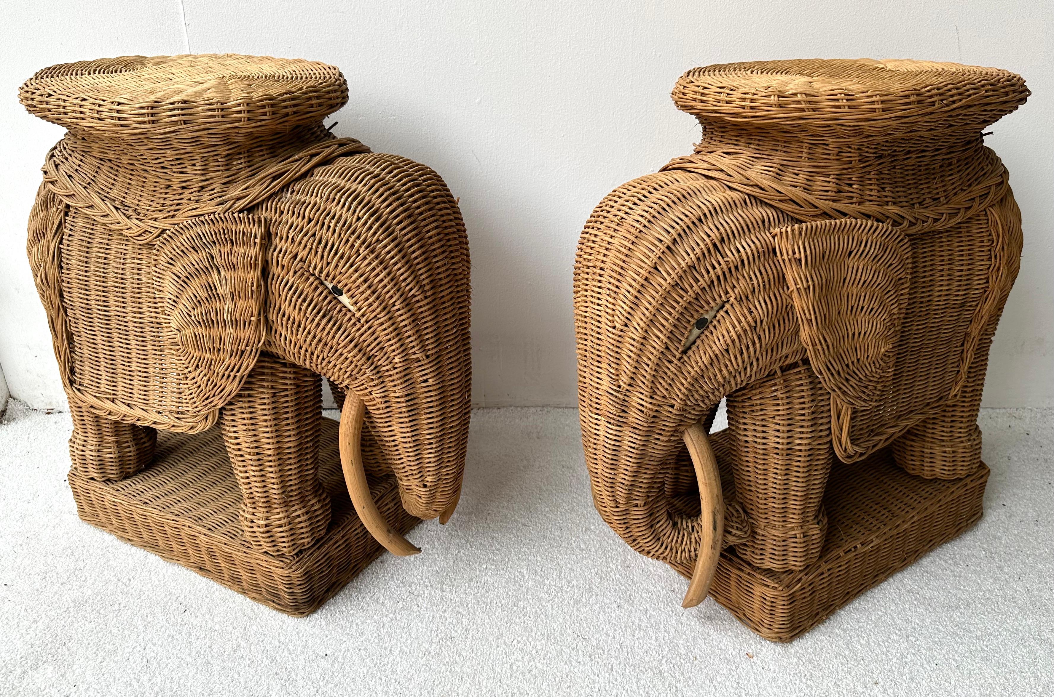 French Pair of Rattan Elephant Side Table, France, 1970s