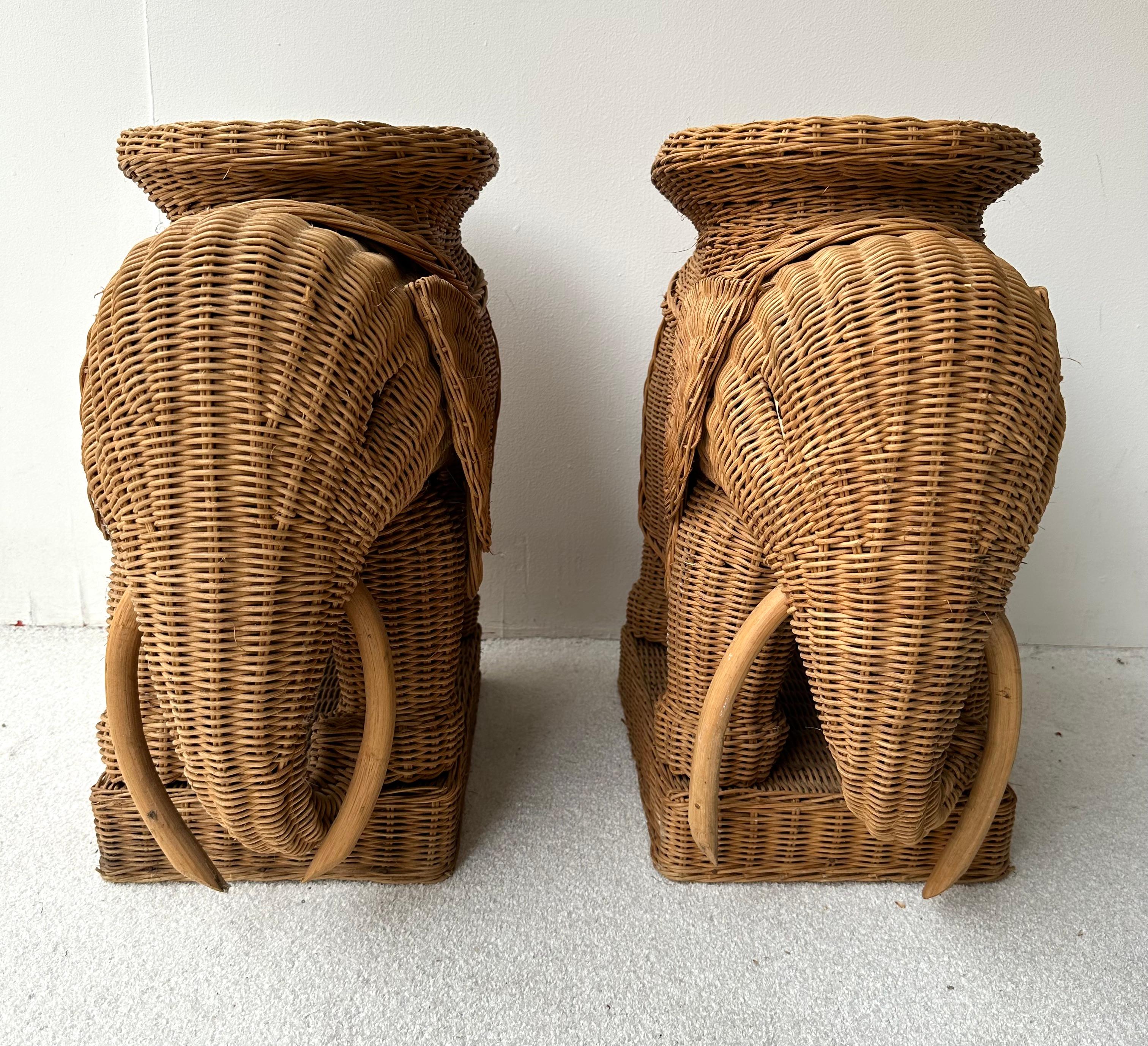 Late 20th Century Pair of Rattan Elephant Side Table, France, 1970s