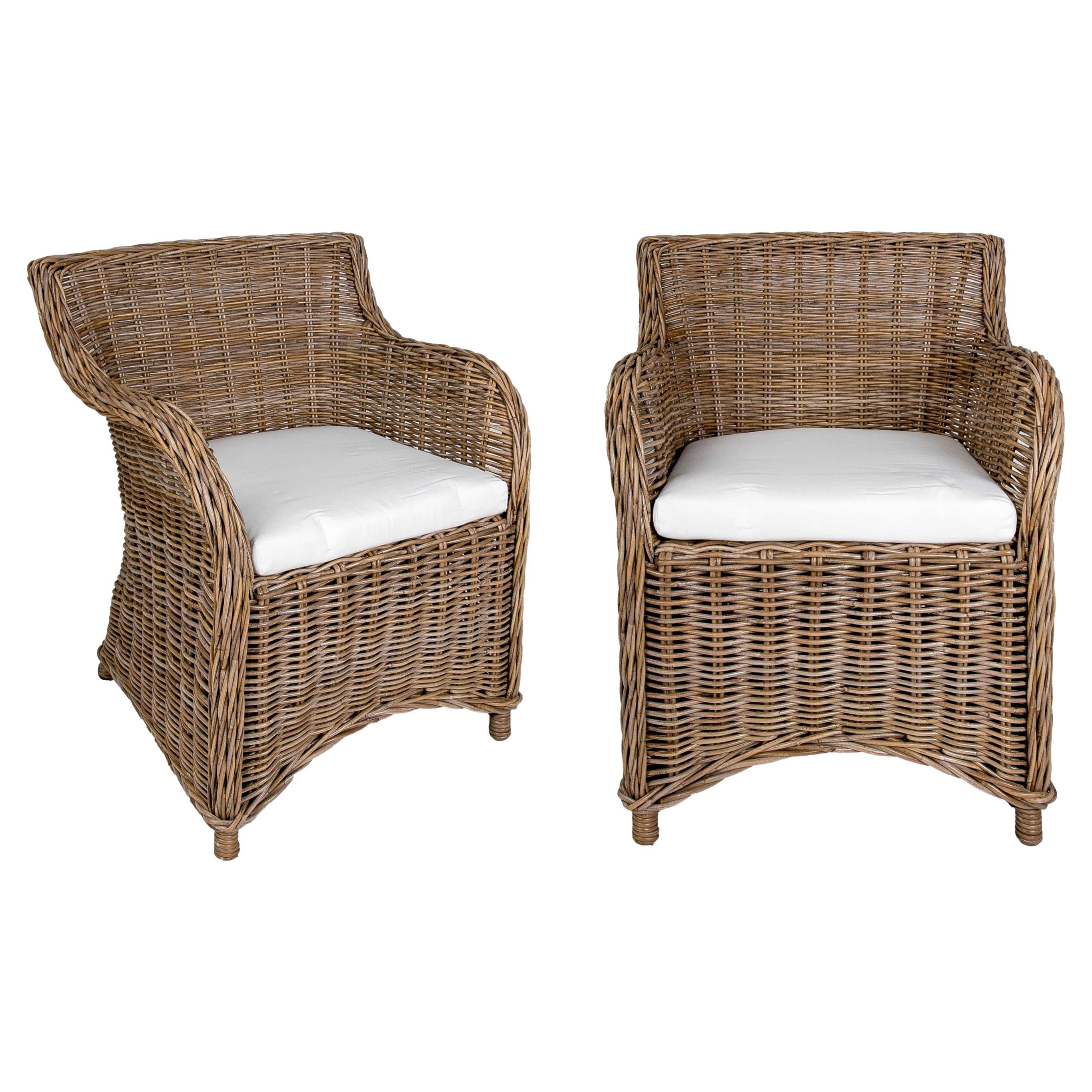 Pair of Rattan Garden Chairs with Cushions in Greyish Tone For Sale