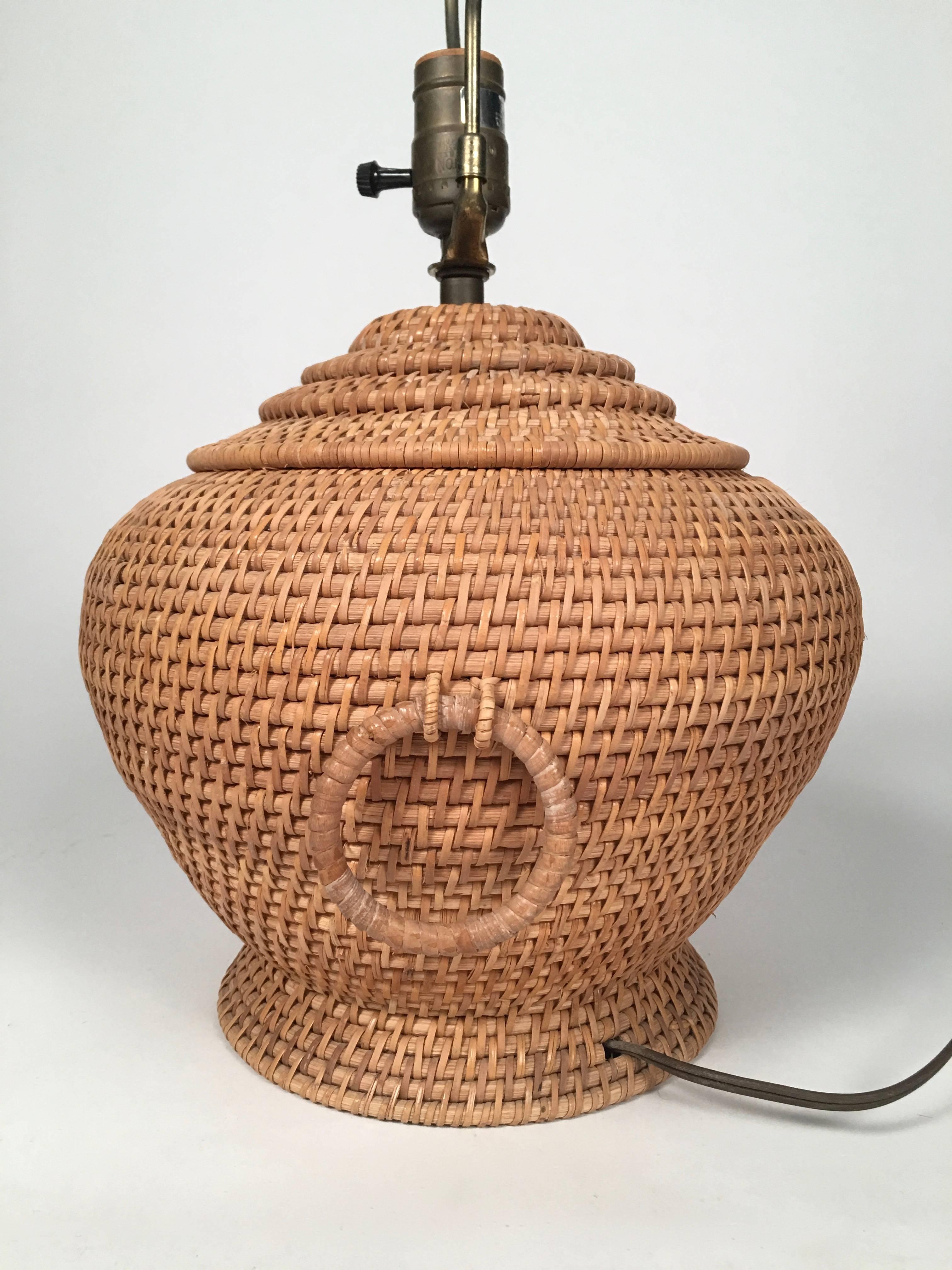 Mid-Century Modern Pair of Rattan Ginger Jar Shaped Lamps
