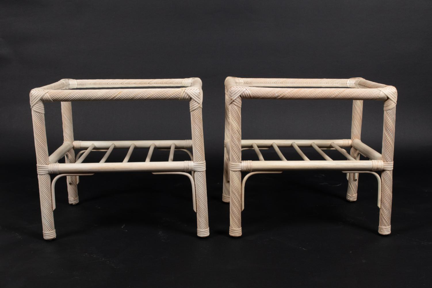 Pair of Rattan & Glass Tiered End Tables, circa 1970s For Sale 9