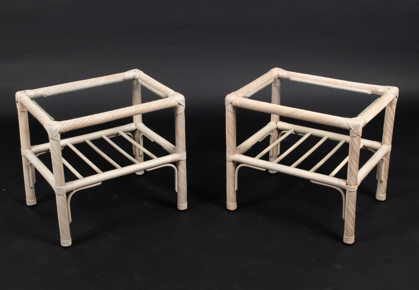 This fabulous pair of end tables features spiral-wrapped pencil reed rattan frames, with braided wicker corners and decorative braces of bent bamboo. Simple inset glass tops and a beautiful neutral eggshell paint wash allow the texture and