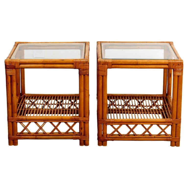 Pair of Rattan Glass Top Side Tables For Sale at 1stDibs