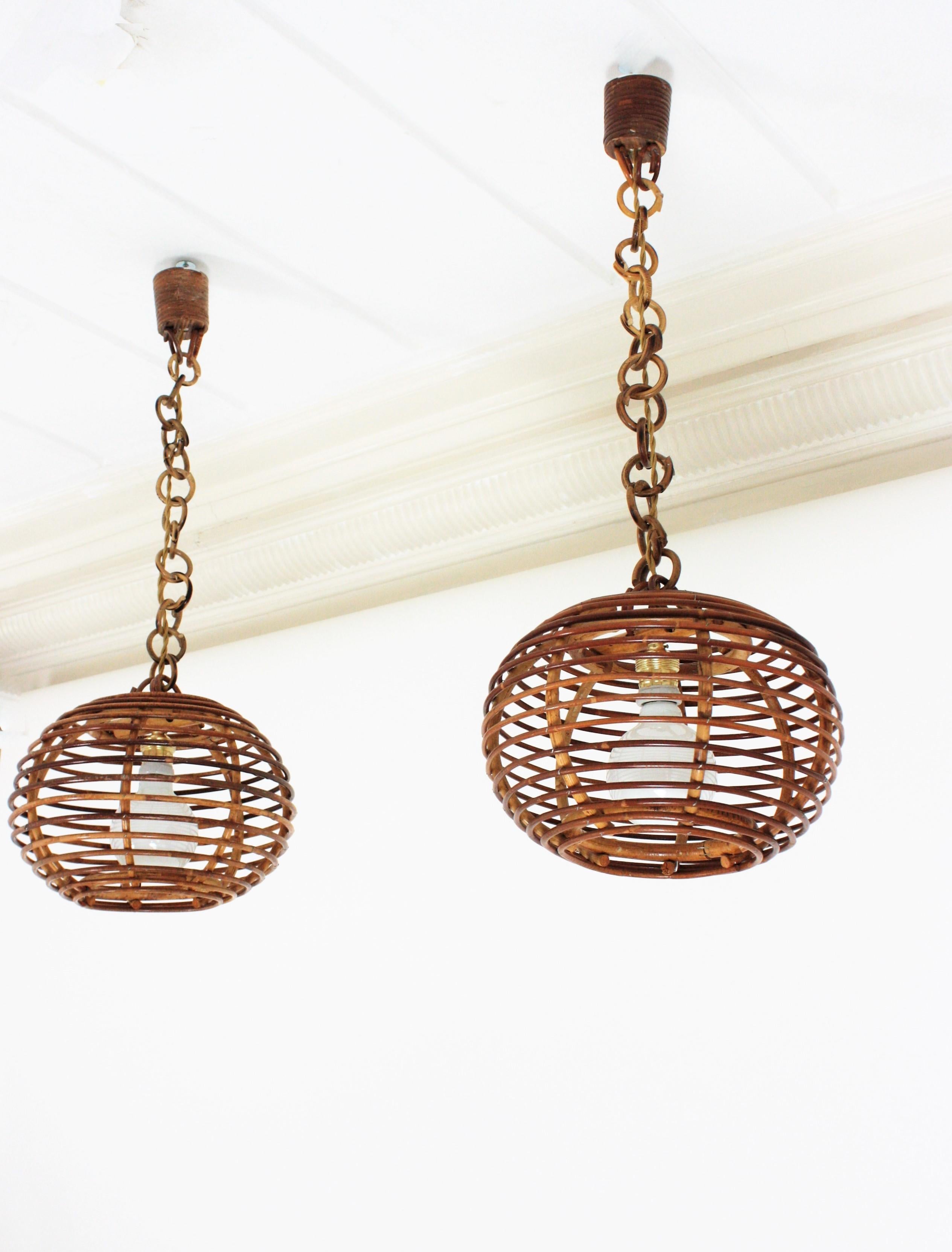 Pair of Rattan Globe Pendants or Hanging Lights, 1950s 3