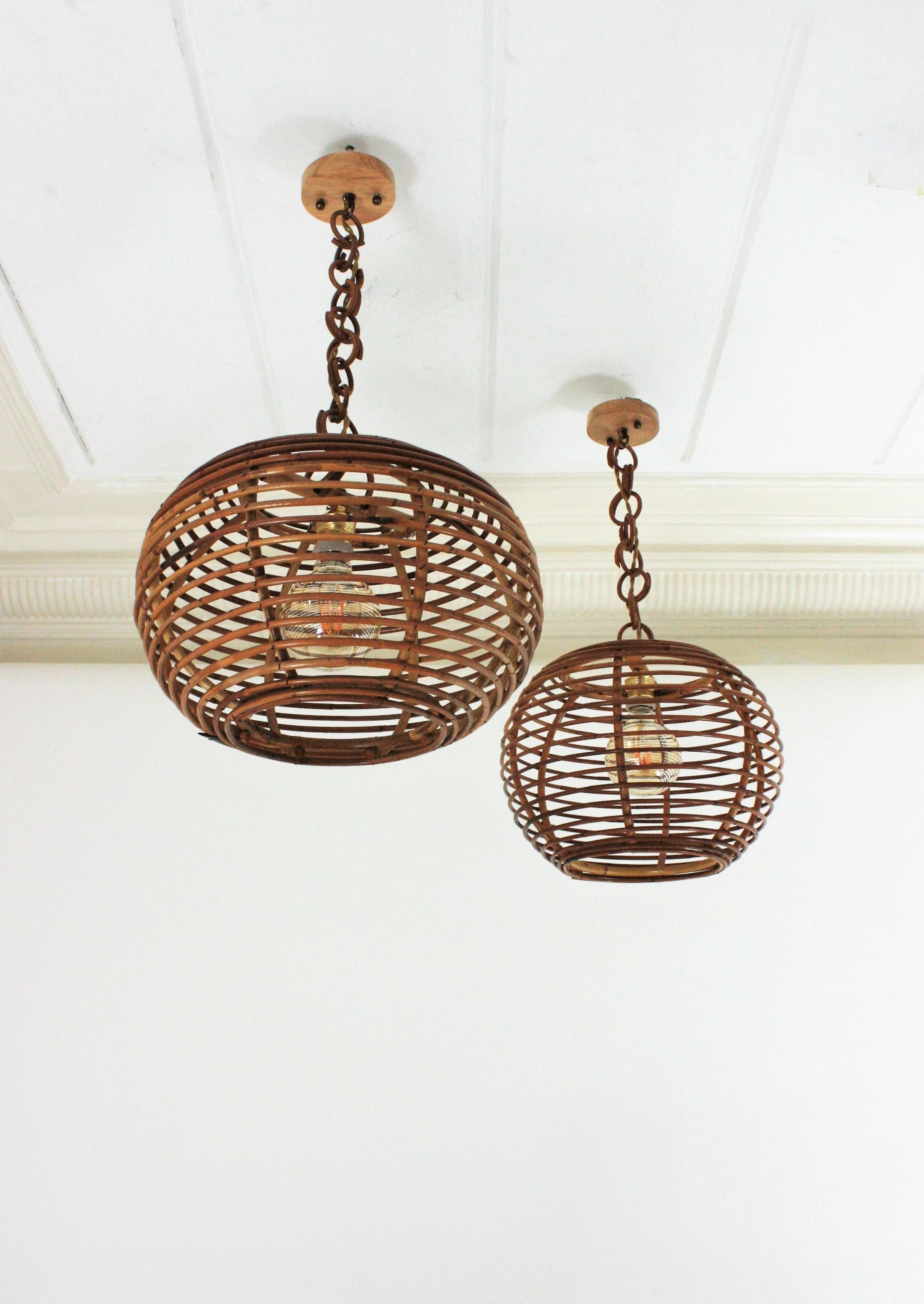 Bamboo Pair of Rattan Globe Pendants or Hanging Lights, 1950s For Sale