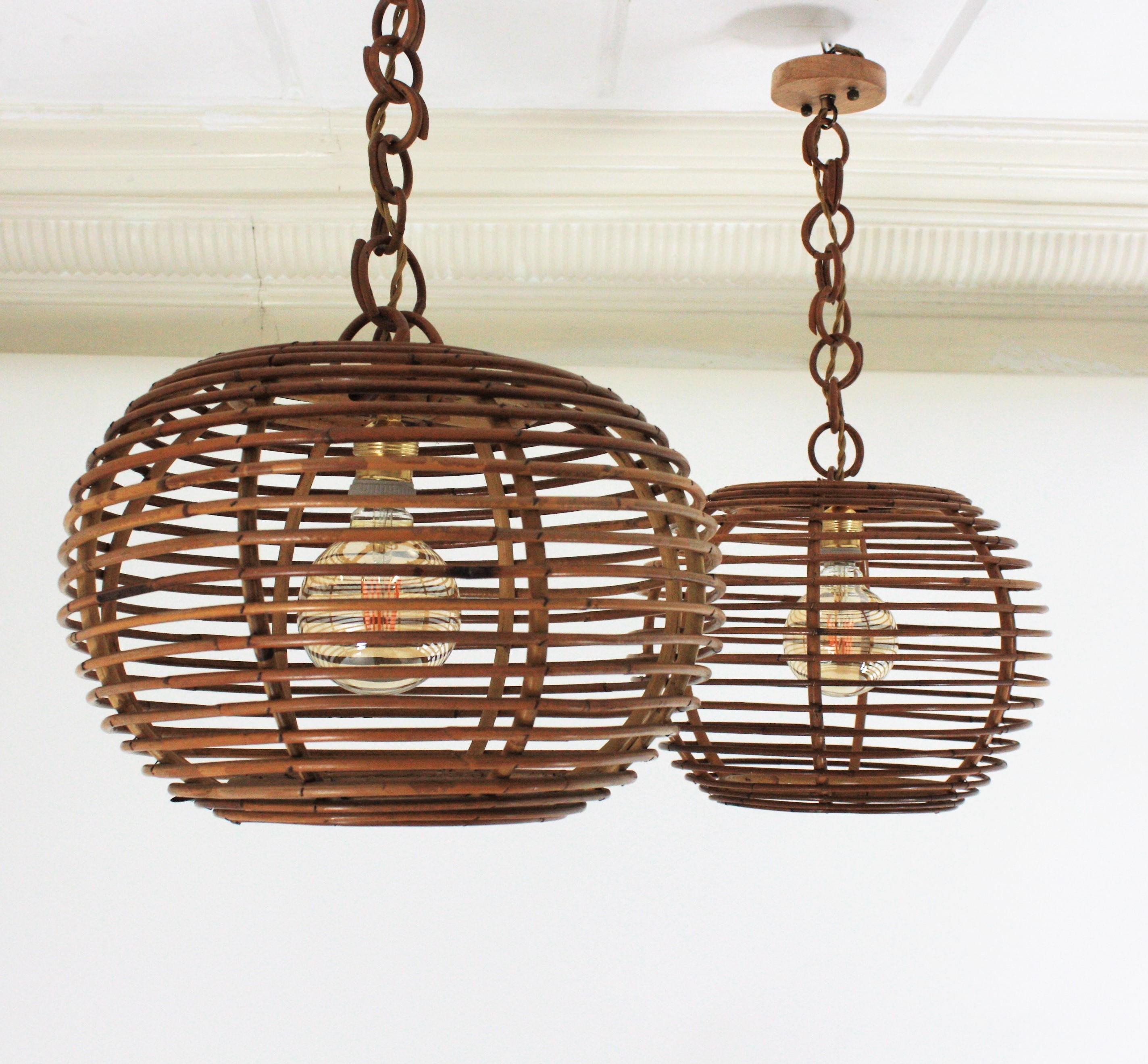 Pair of Rattan Globe Pendants or Hanging Lights, 1950s For Sale 1