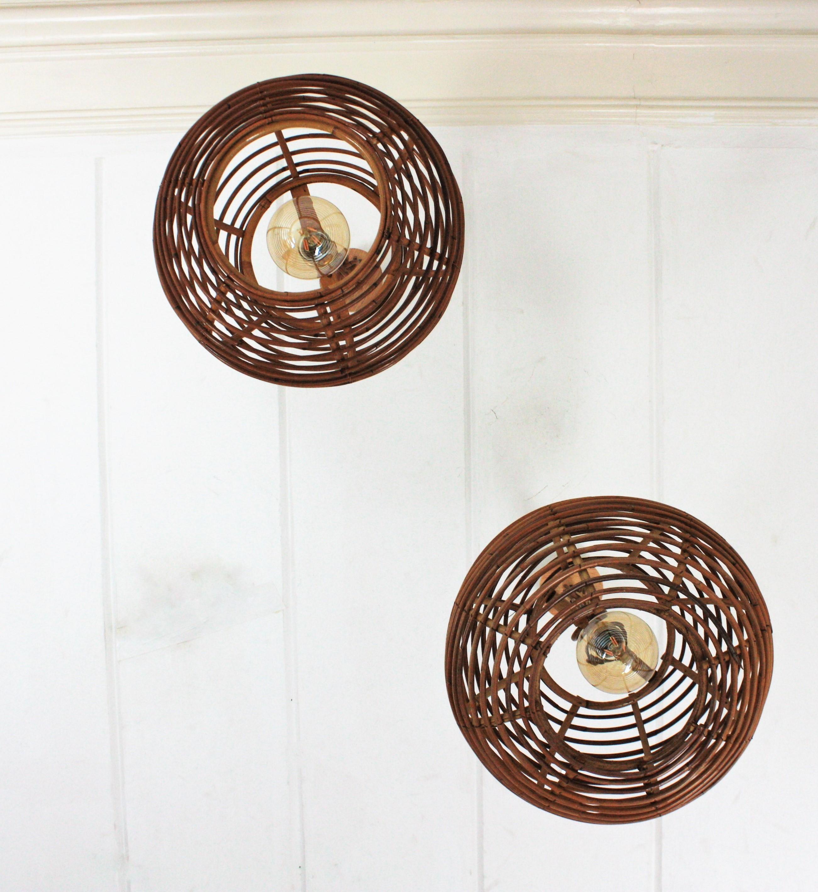 Pair of Rattan Globe Pendants or Hanging Lights, 1950s For Sale 2