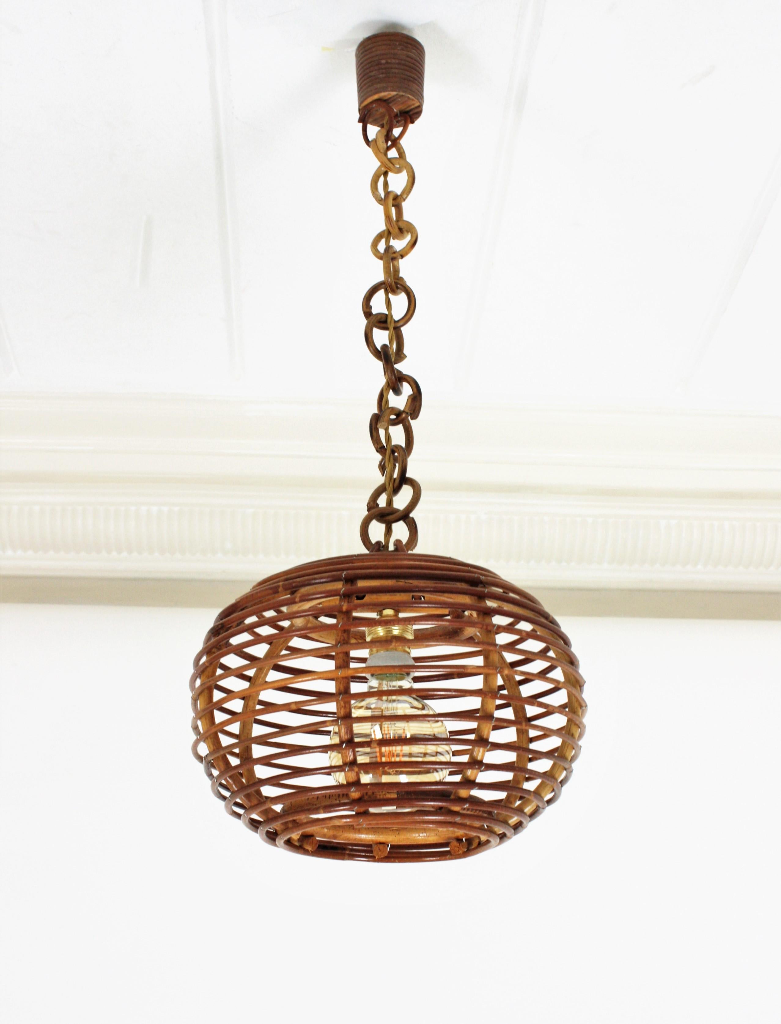 Pair of Rattan Globe Pendants or Hanging Lights, 1950s 7