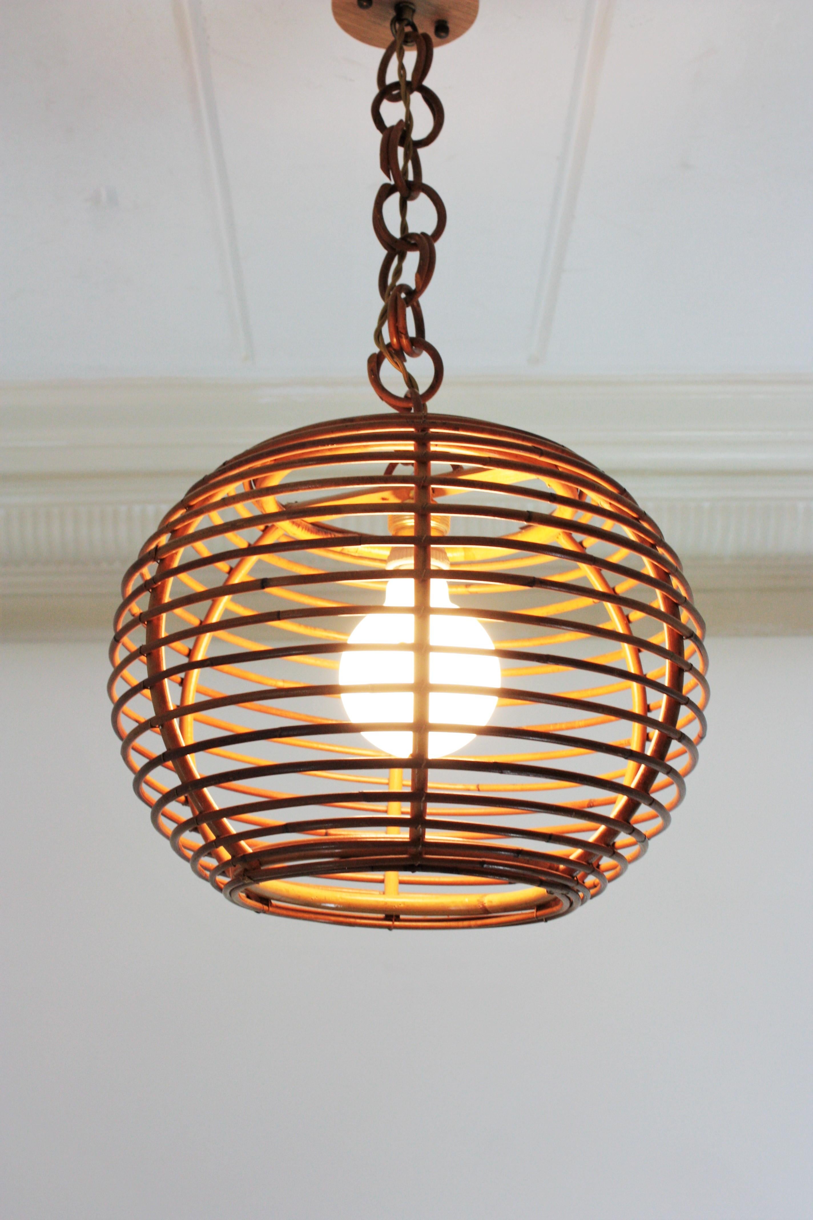Pair of Rattan Globe Pendants or Hanging Lights, 1950s For Sale 6