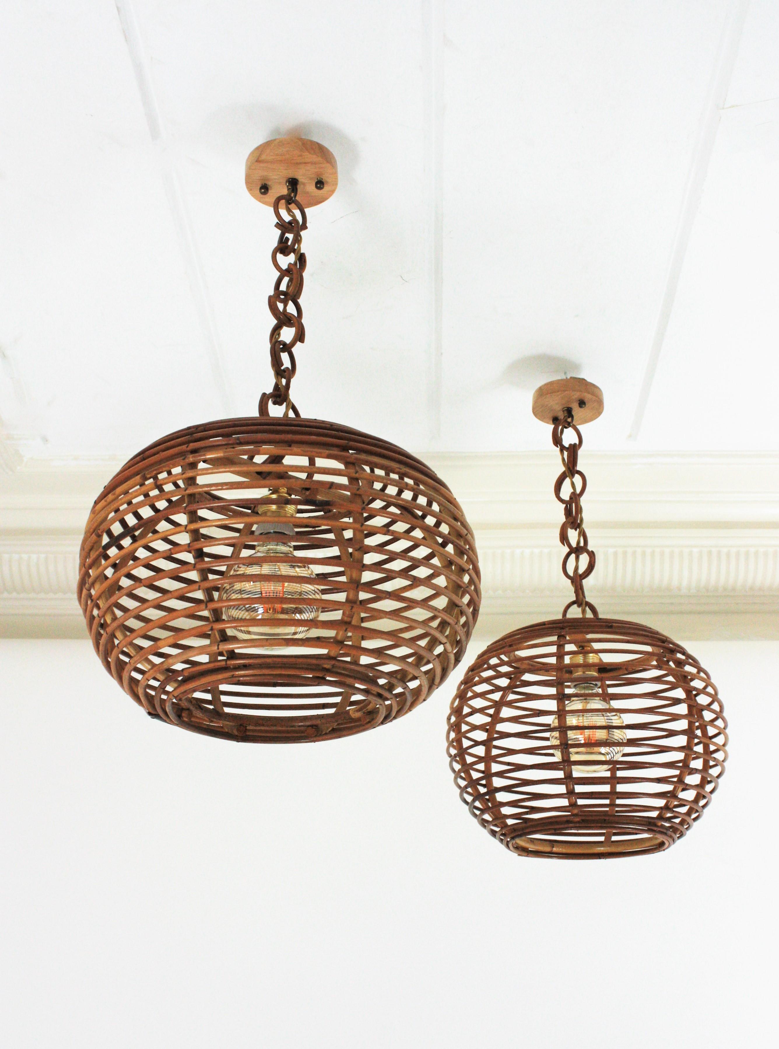 Pair of Rattan Globe Pendants or Hanging Lights, 1950s For Sale 7
