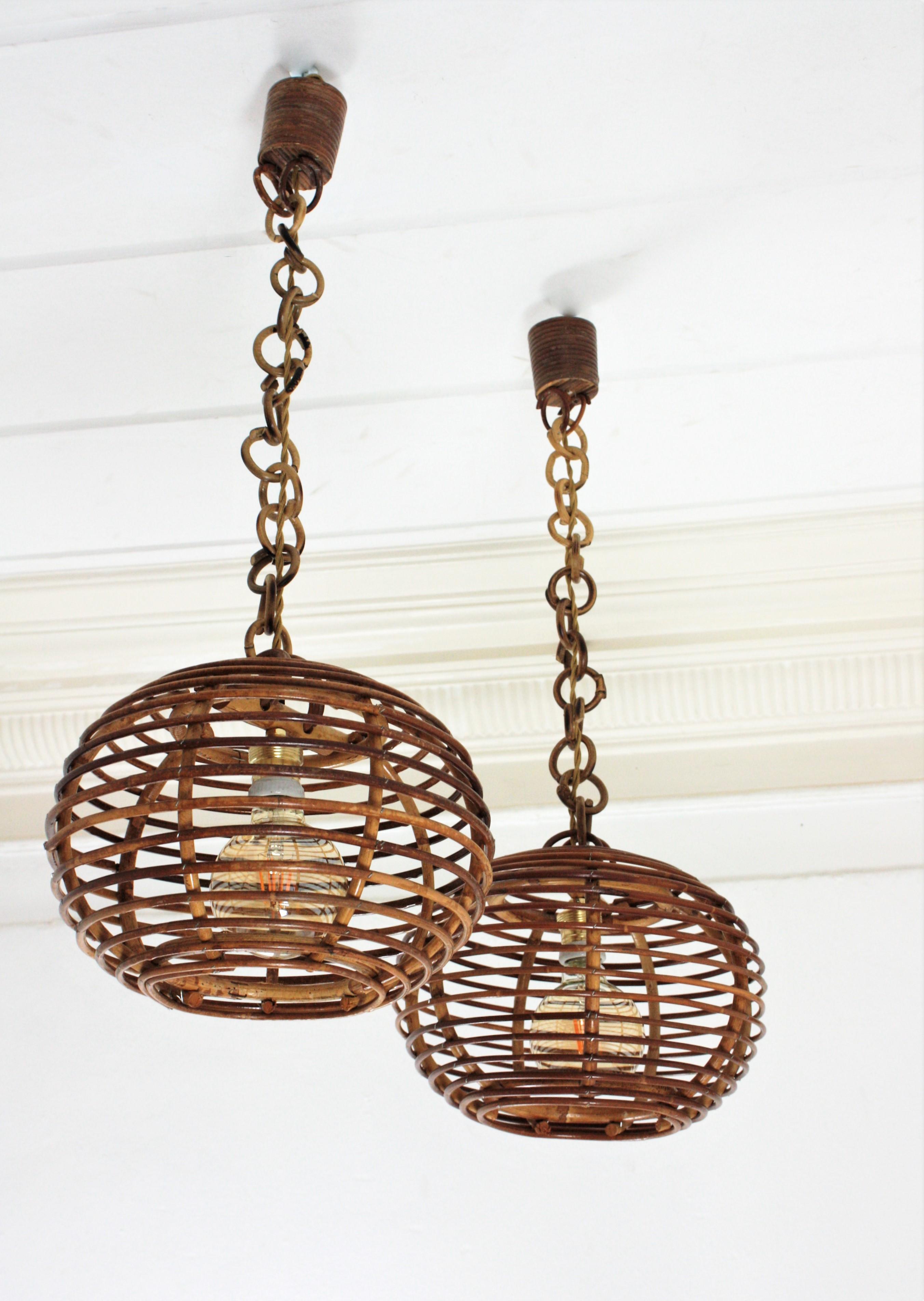 Pair of Rattan Globe Pendants or Hanging Lights, 1950s 11