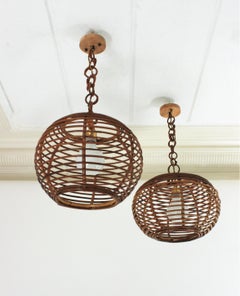 Pair of Rattan Globe Pendants or Hanging Lights, 1950s