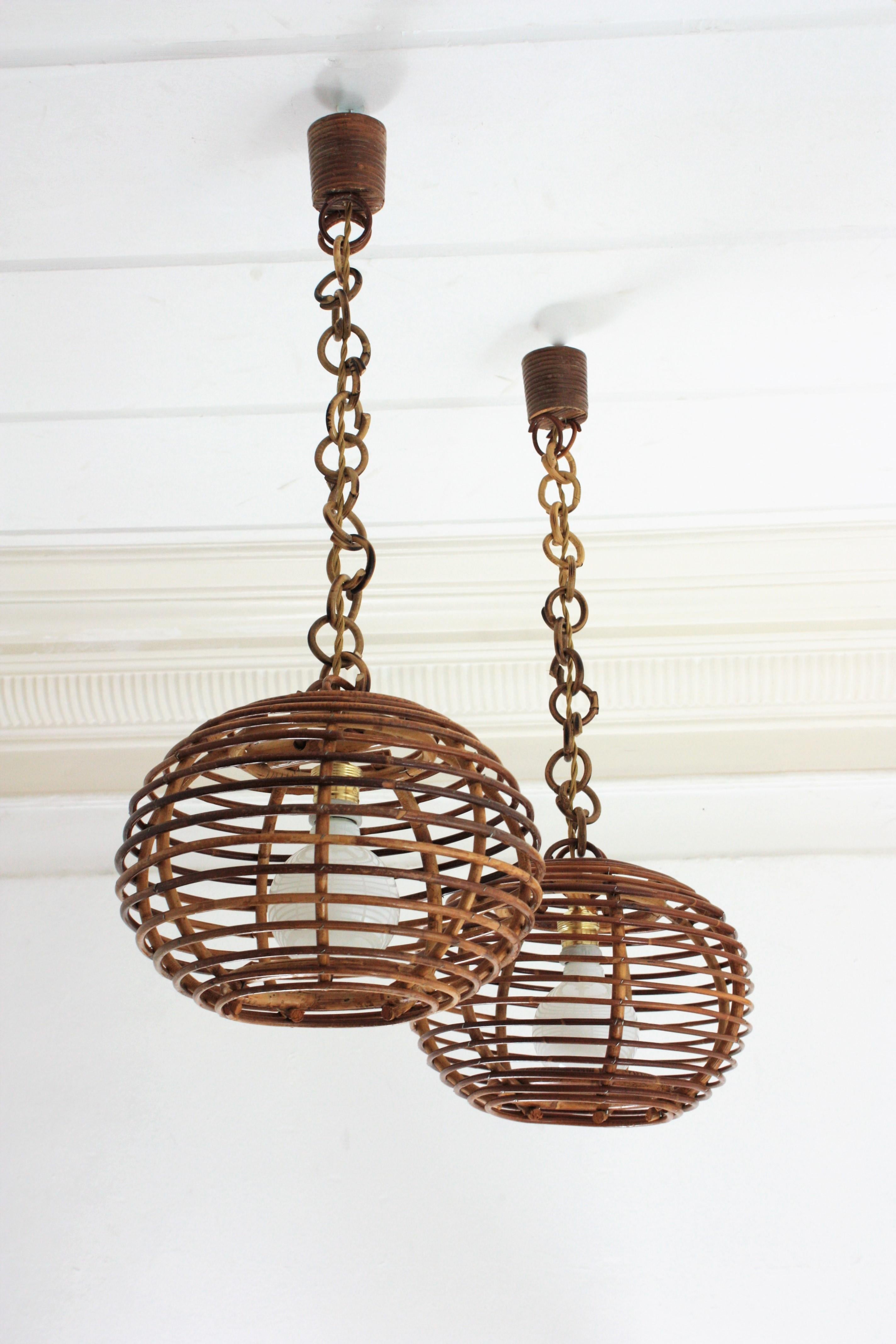 Spanish Pair of Rattan Globe Pendants or Hanging Lights, 1950s