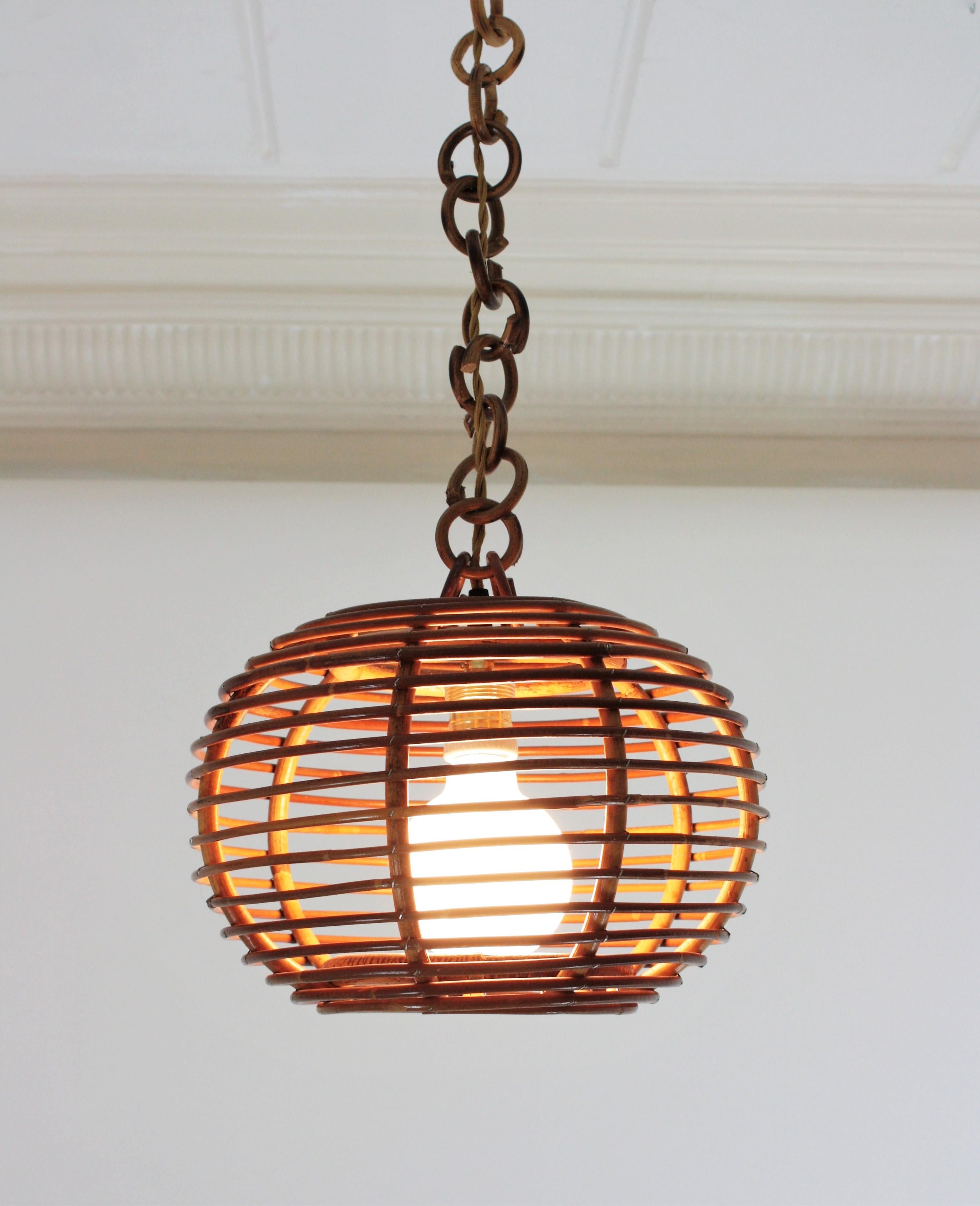 Bamboo Pair of Rattan Globe Pendants or Hanging Lights, 1950s