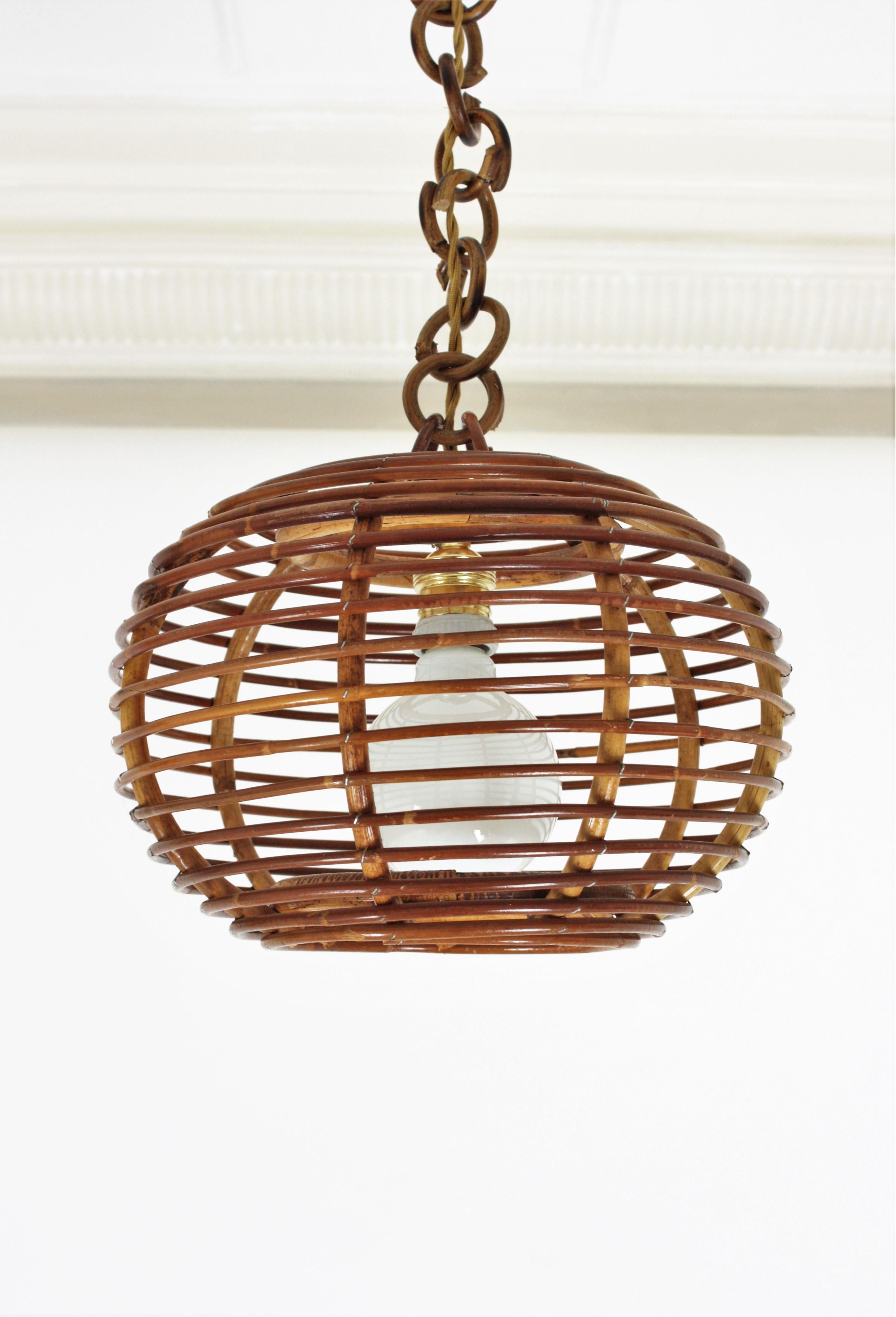 Pair of Rattan Globe Pendants or Hanging Lights, 1950s 1